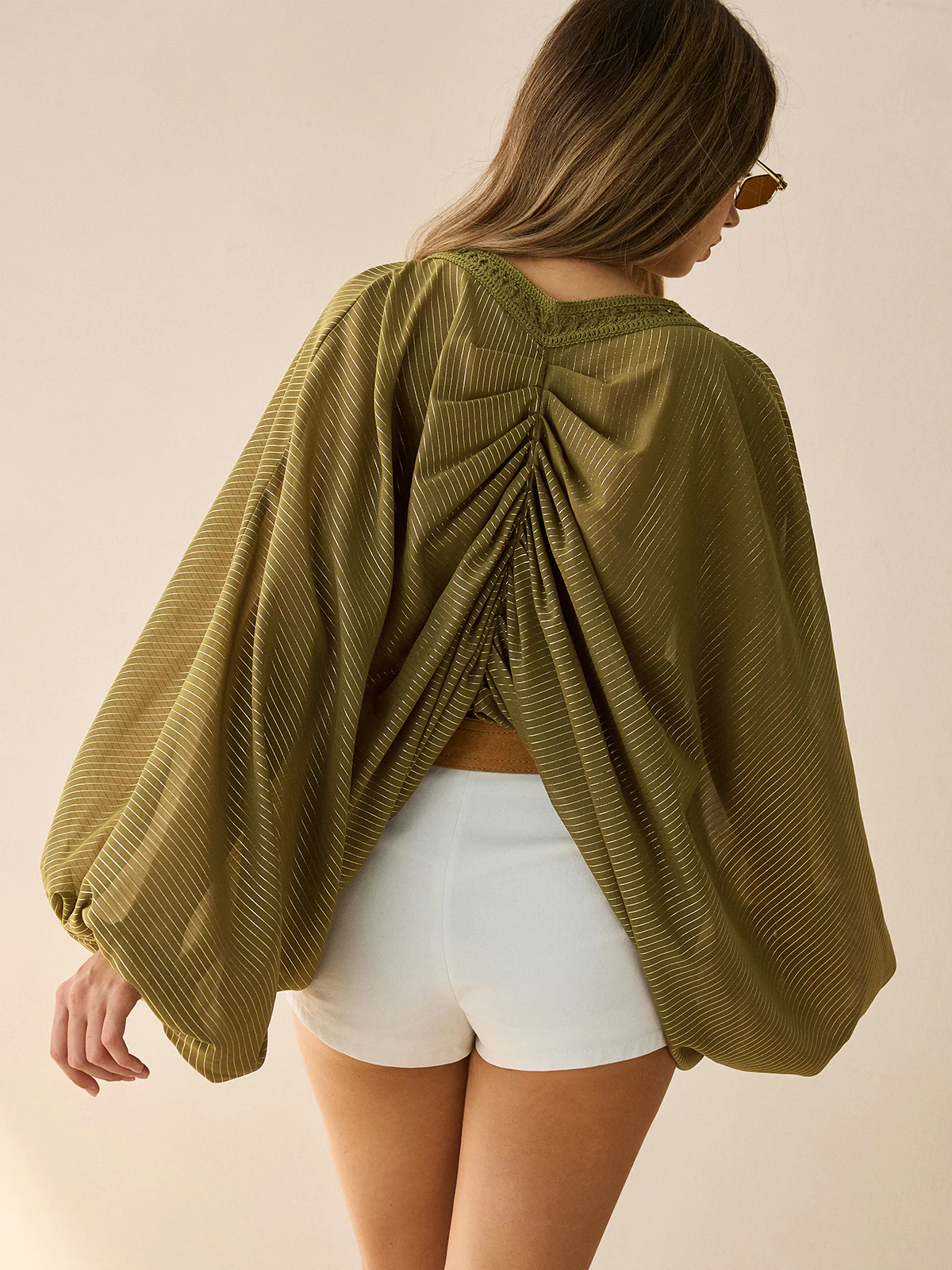 Semi-Sheer Striped Lace-Up Blouse with Batwing Sleeves - Image 7