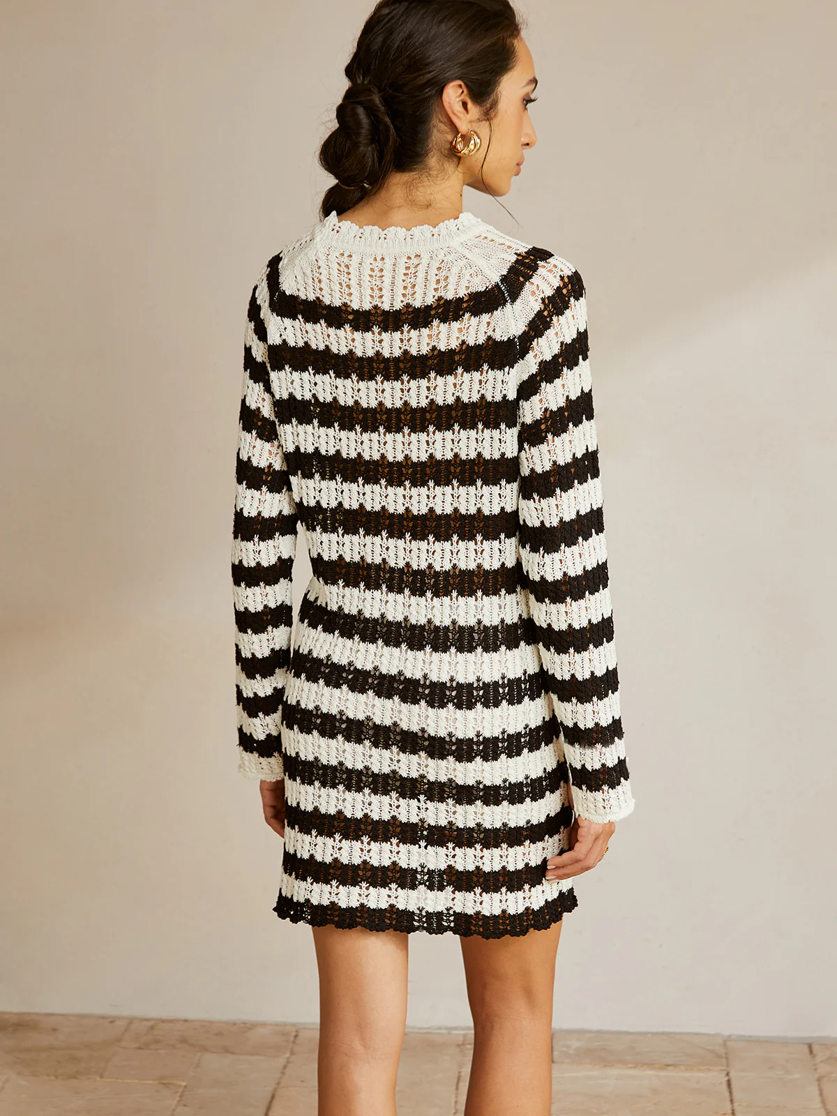 Striped Lettuce Trim Hollow Sweater - Image 3