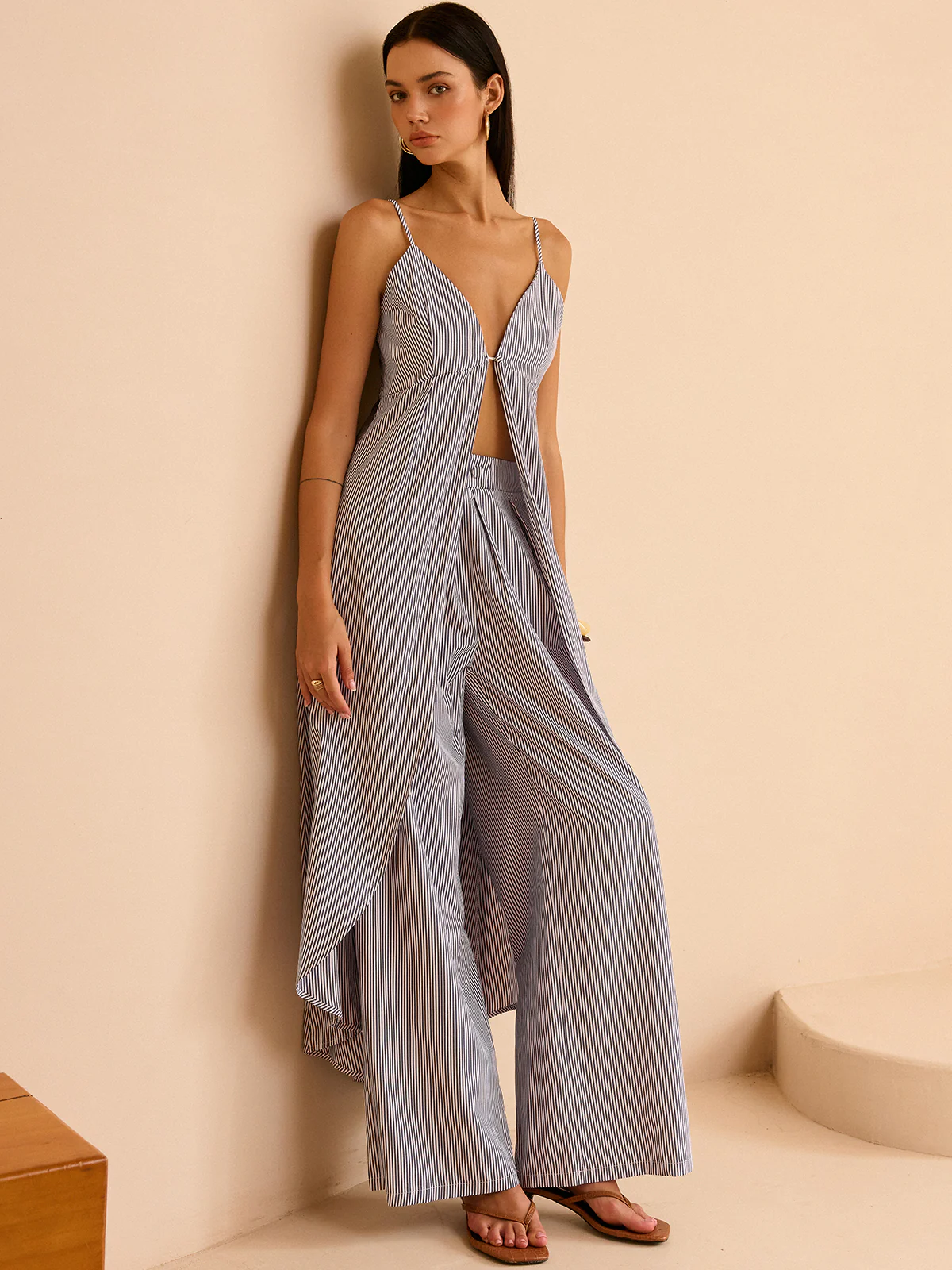 Striped Long Cami Top and Wide-Leg Pants Set - Image 3