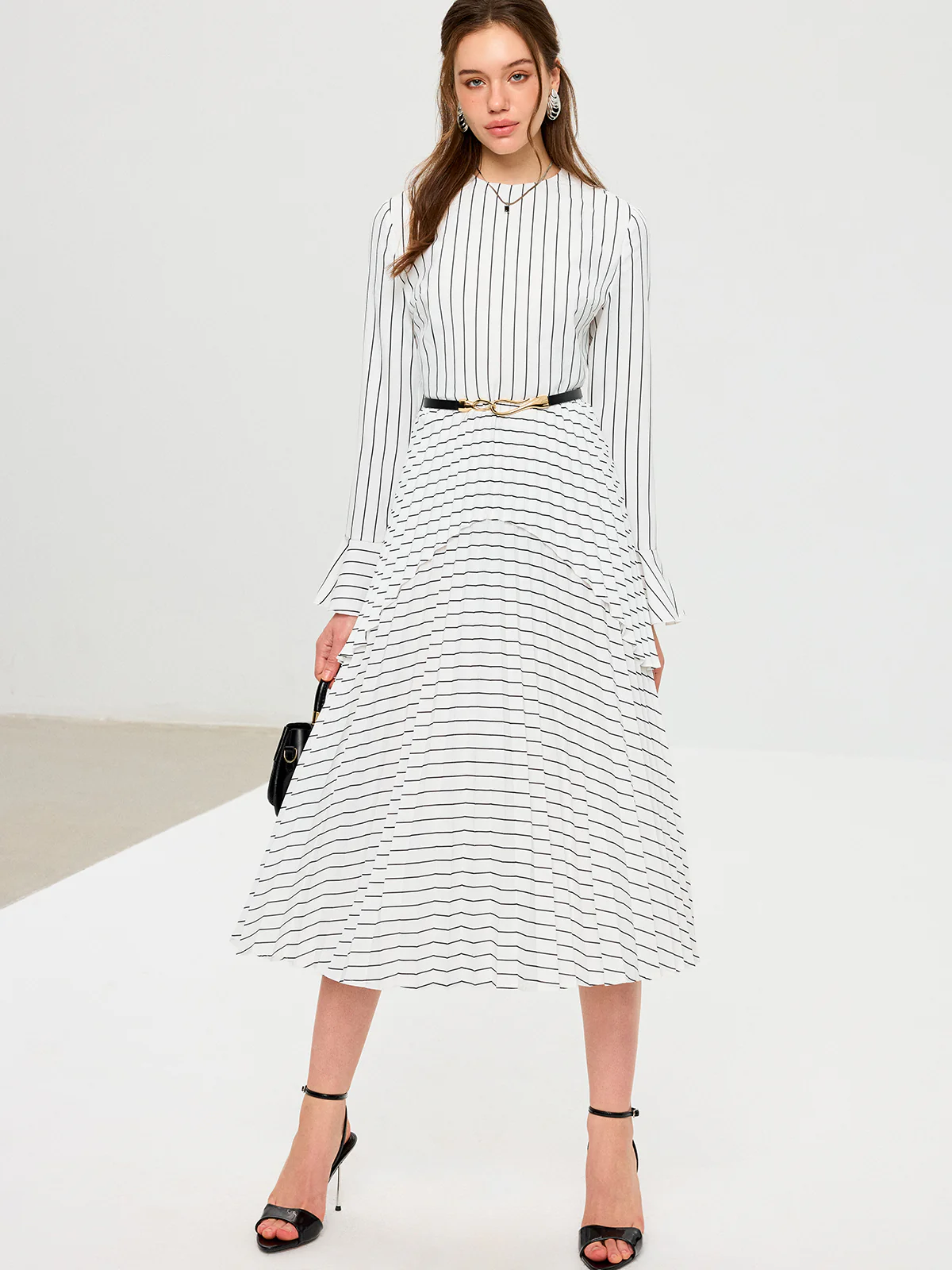 Striped Long Sleeve Belted Midi Dress - Image 2