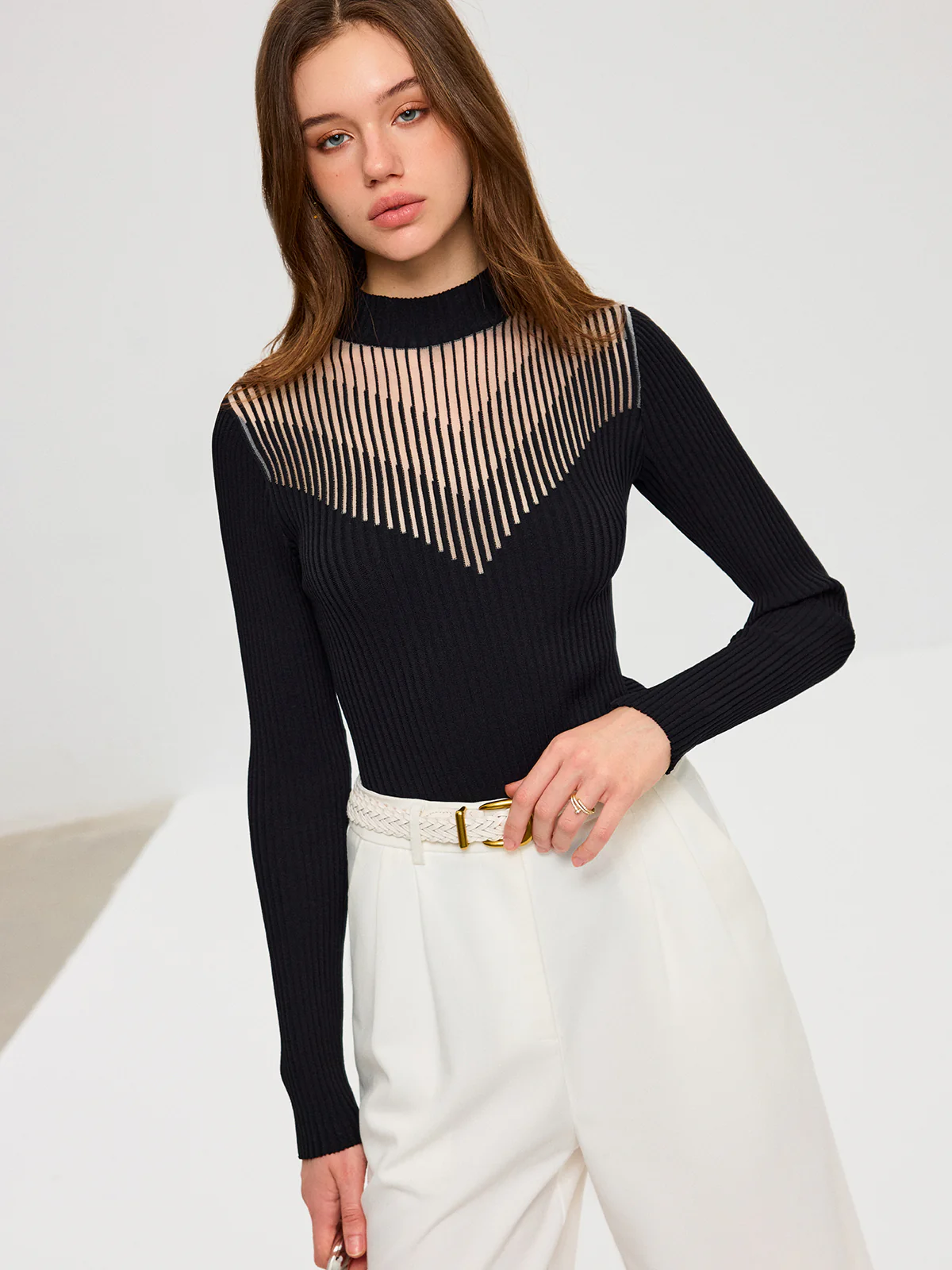 Striped Mesh Panel Ribbed Knit Top - Image 2