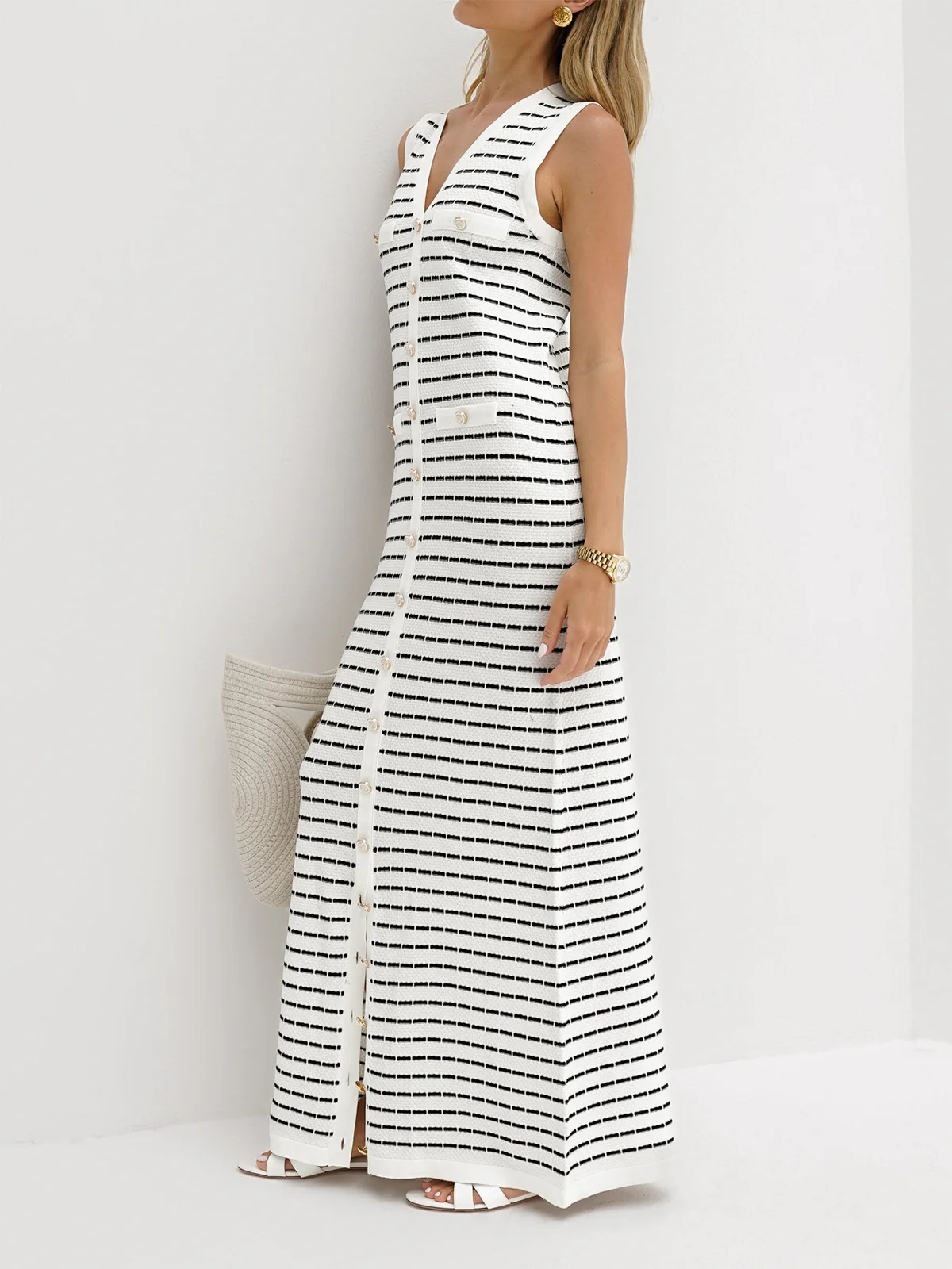 Striped Metal Button Long Sweater Dress