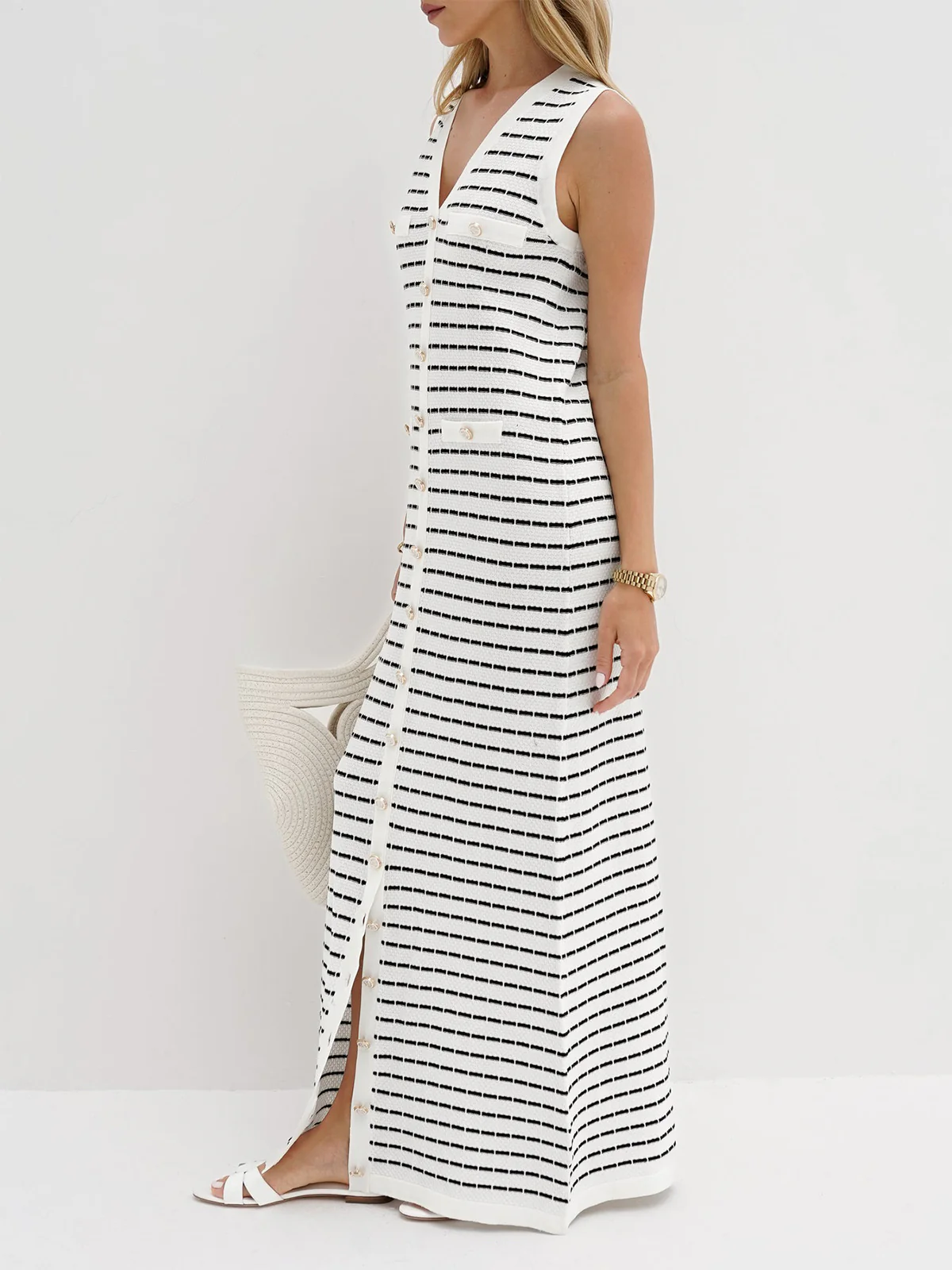 Striped Metal Button Long Sweater Dress - Image 6