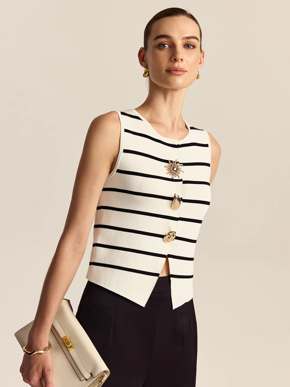 Striped Metal Button Sleeveless Sweater Vest - Image 4