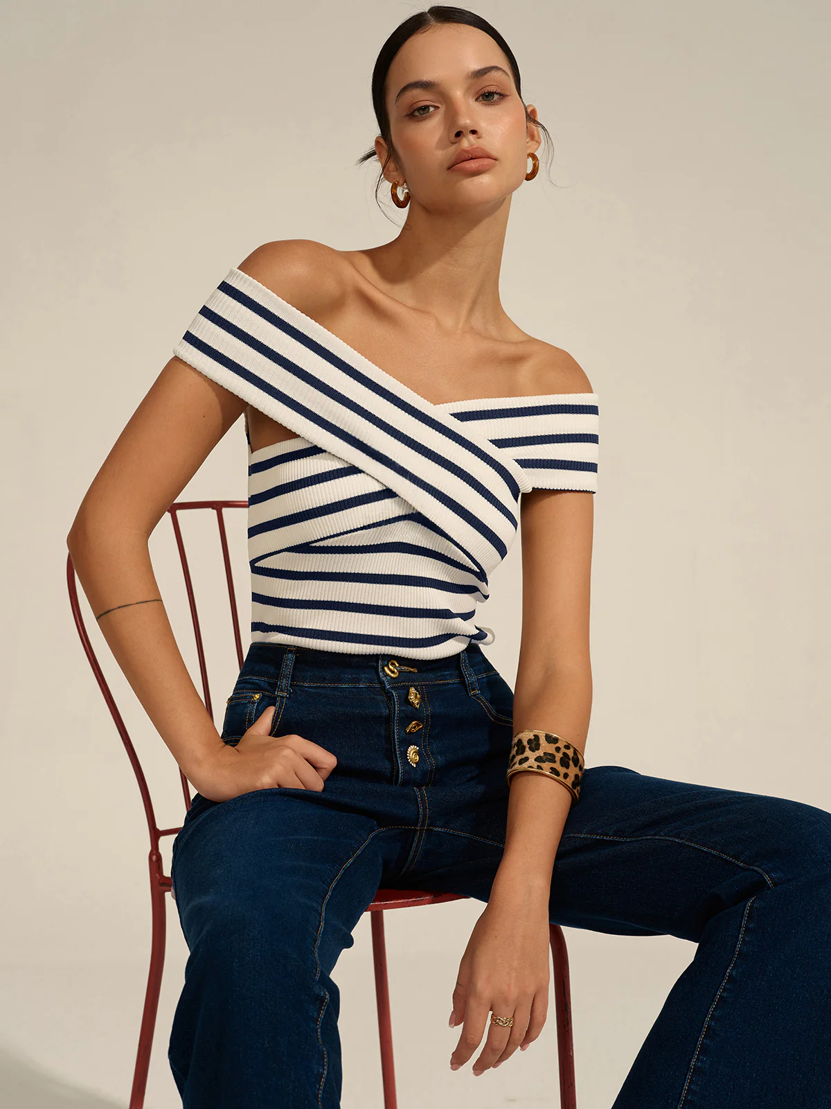 Striped Off-Shoulder Cross Knit Top - Image 10