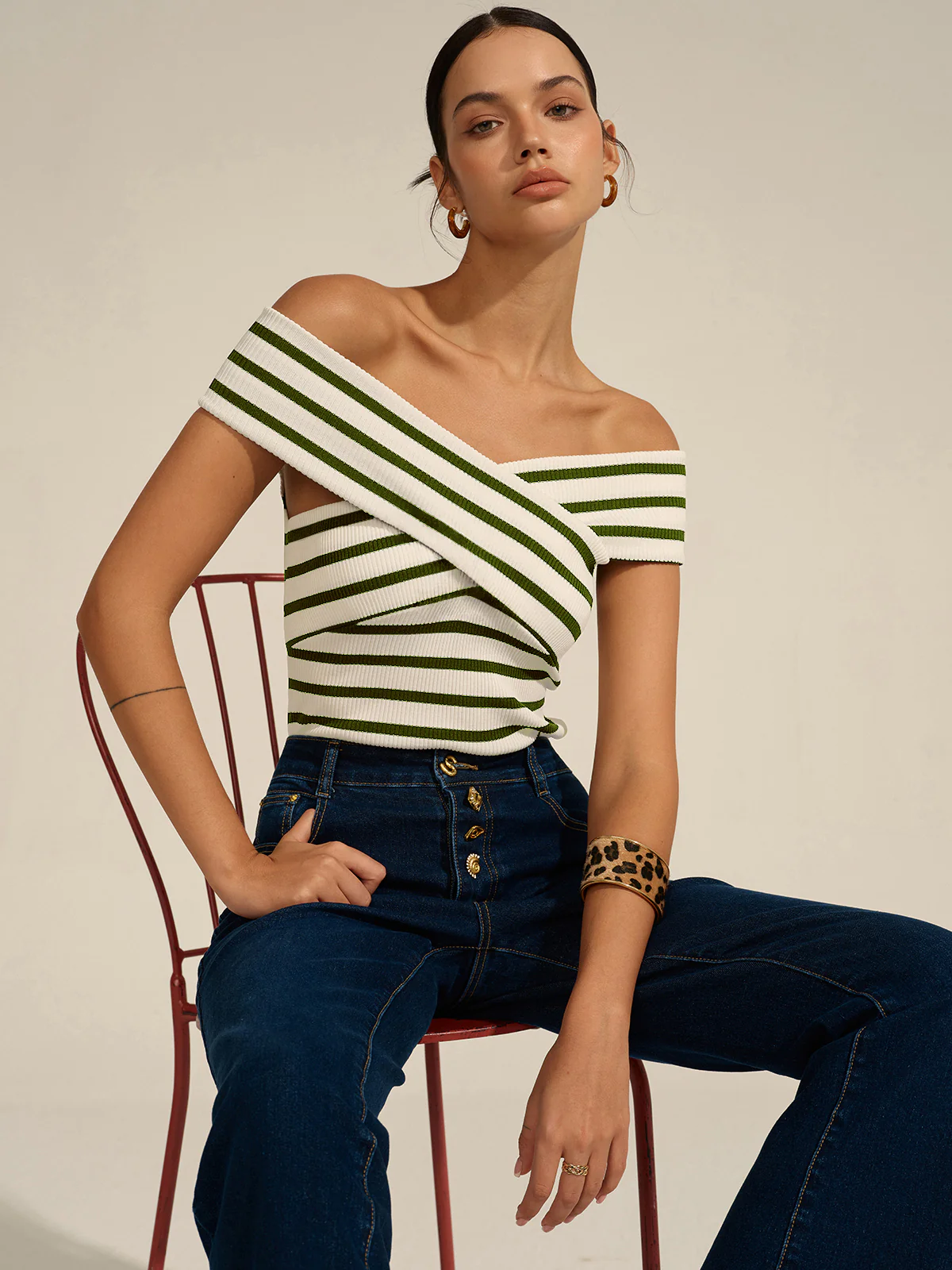 Striped Off-Shoulder Cross Knit Top - Image 11