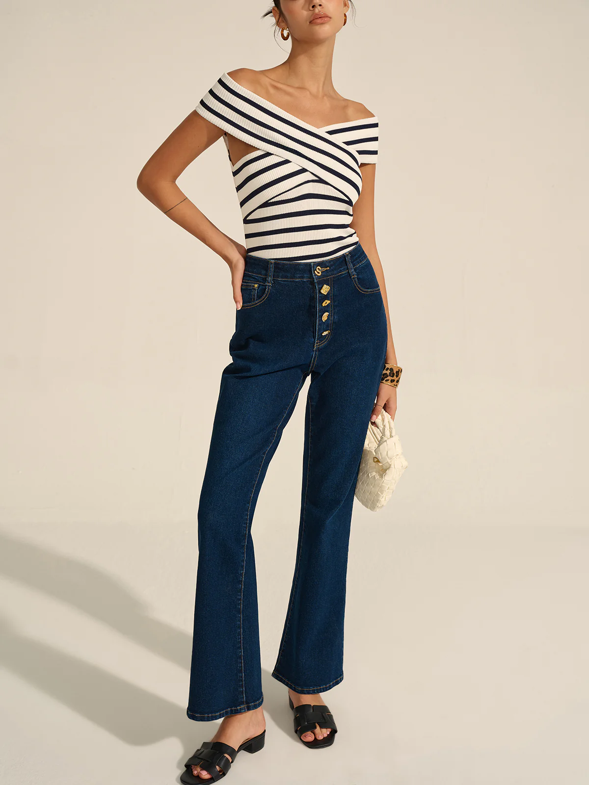 Striped Off-Shoulder Cross Knit Top - Image 2