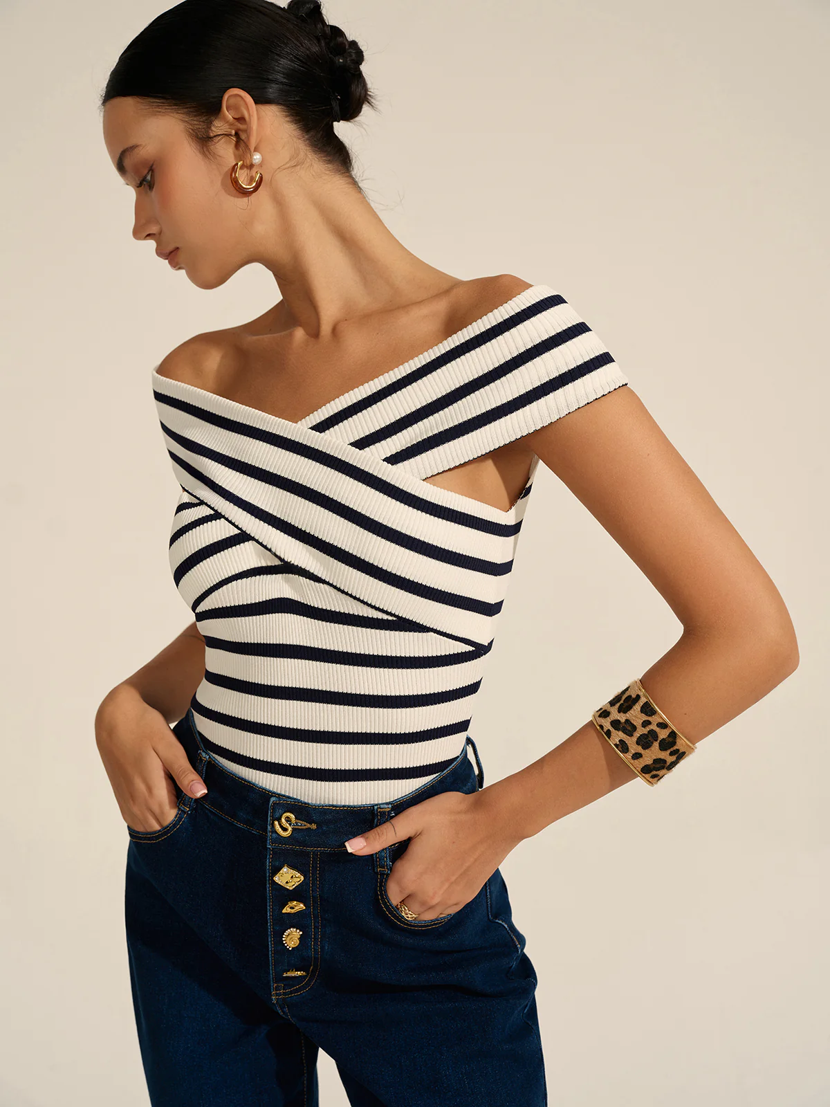 Striped Off-Shoulder Cross Knit Top - Image 5