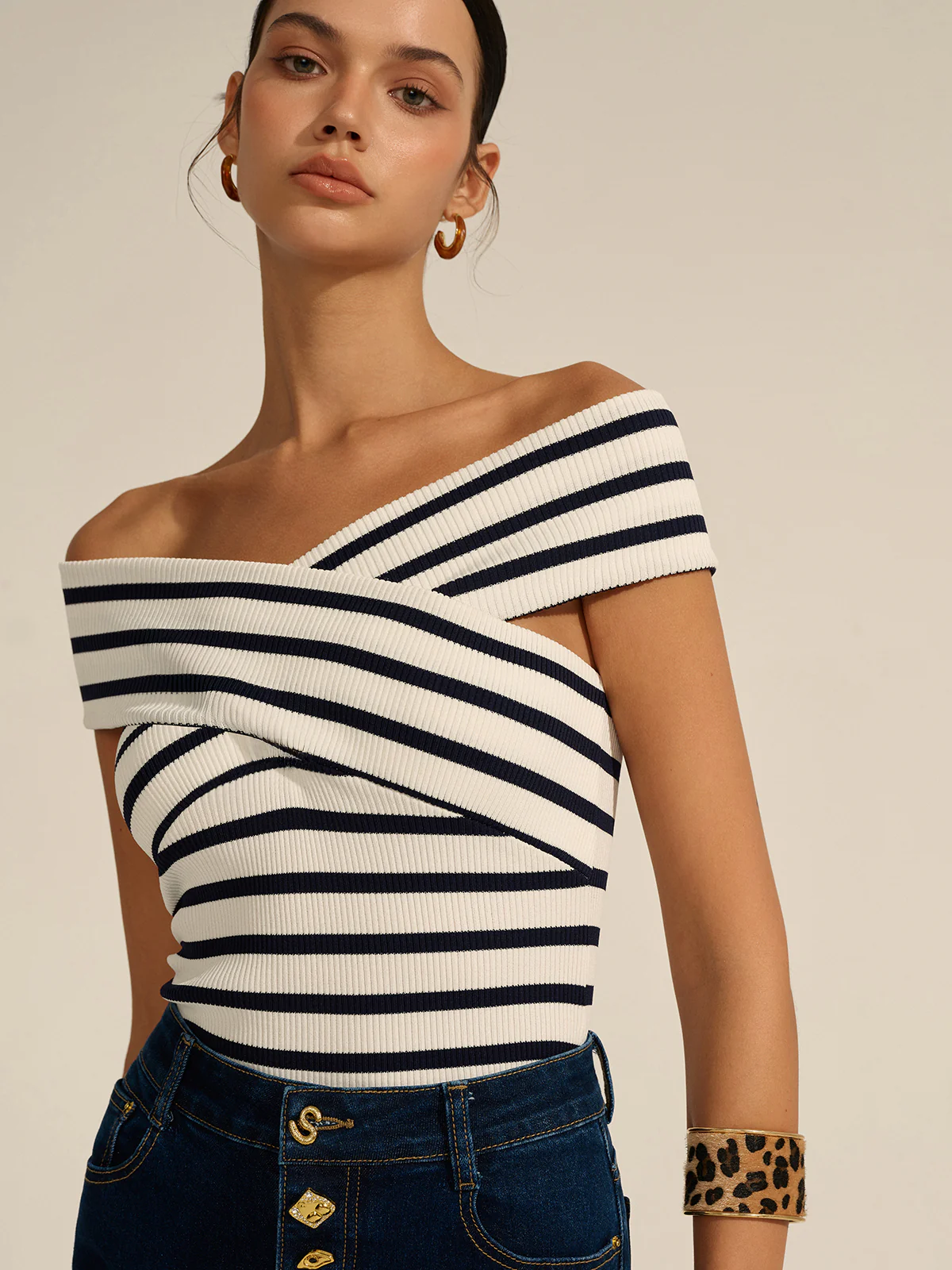 Striped Off-Shoulder Cross Knit Top - Image 6