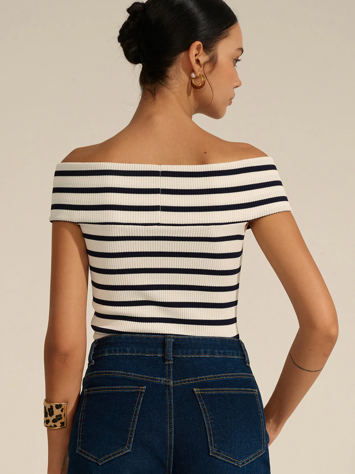 Striped Off-Shoulder Cross Knit Top - Image 7