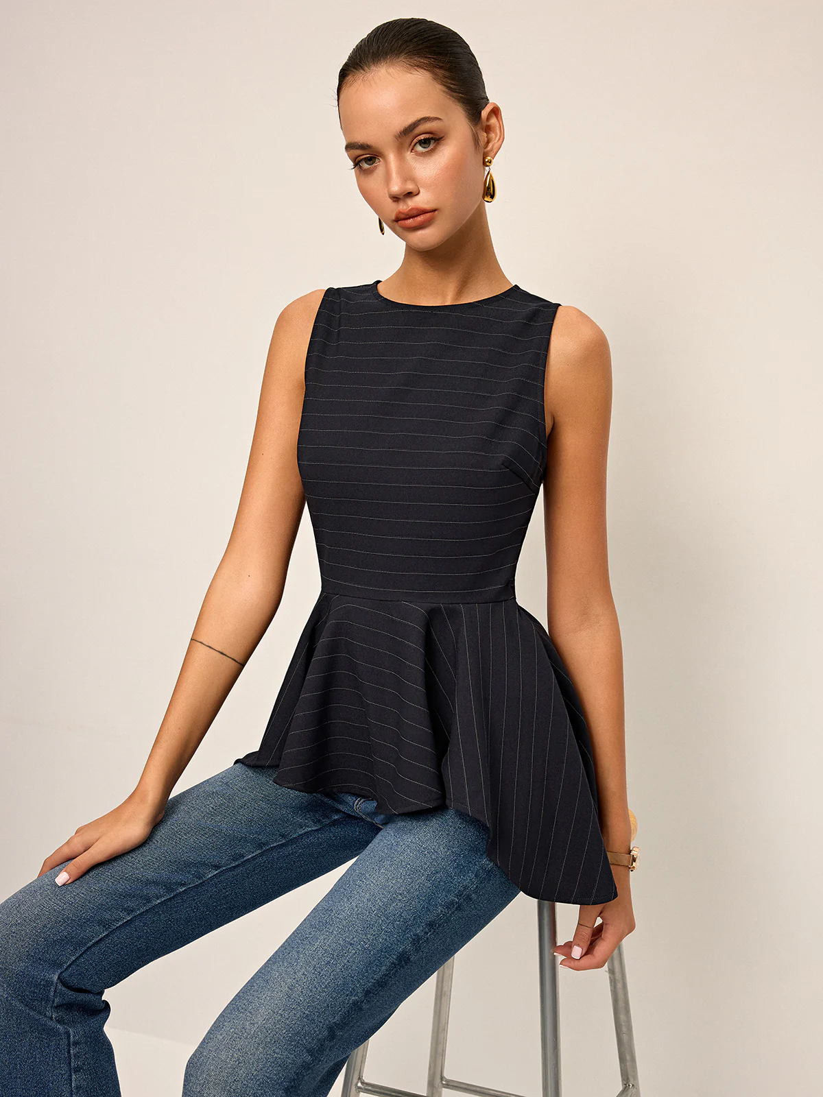 Striped Peplum Hem Sleeveless Top - Image 2