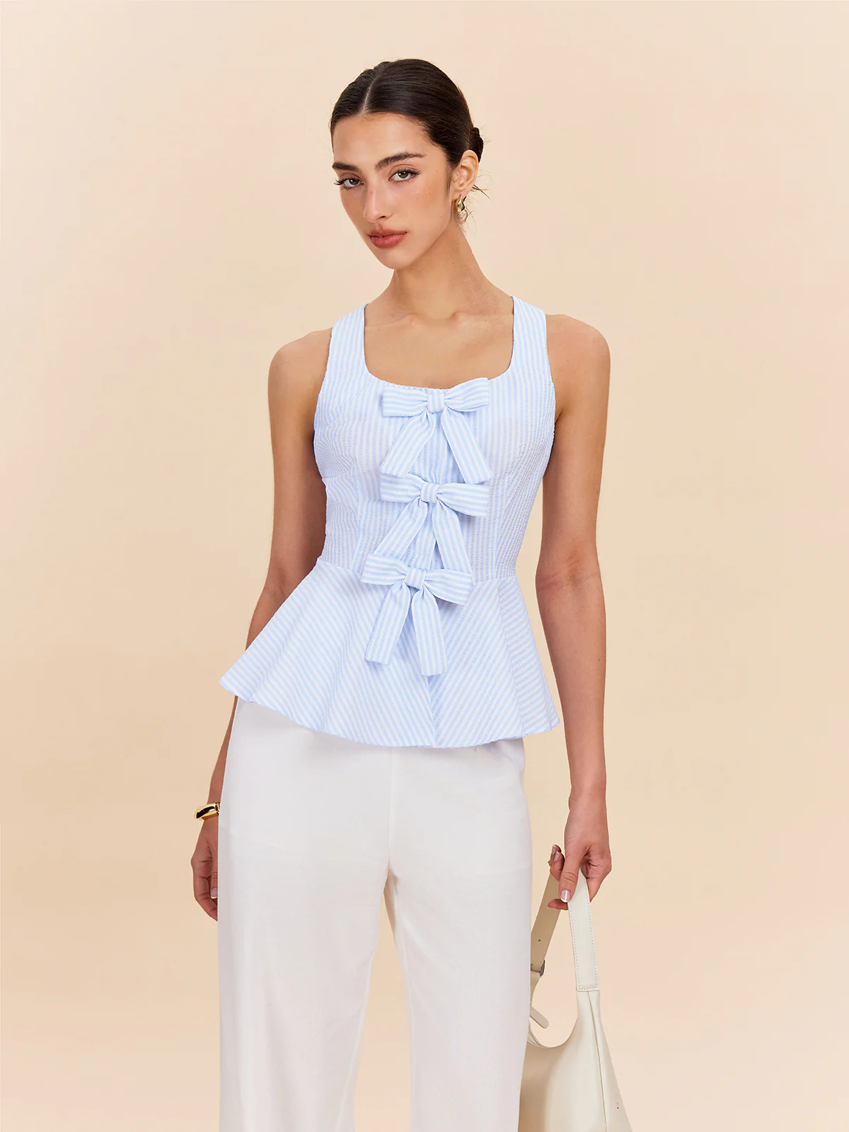 Striped Peplum Top With Bow Details - Image 4
