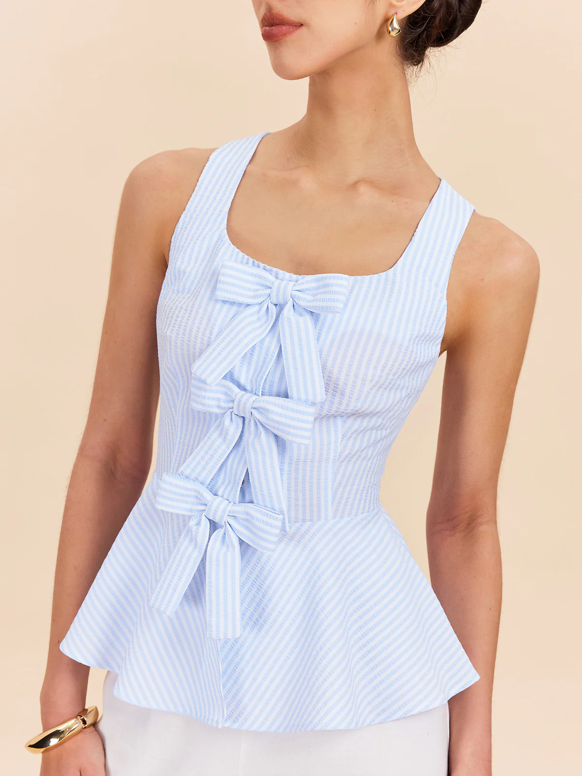 Striped Peplum Top With Bow Details - Image 6