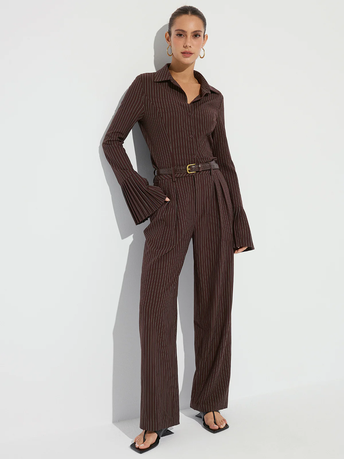 Striped Pleated Wide-Leg Pants without Belt - Image 2