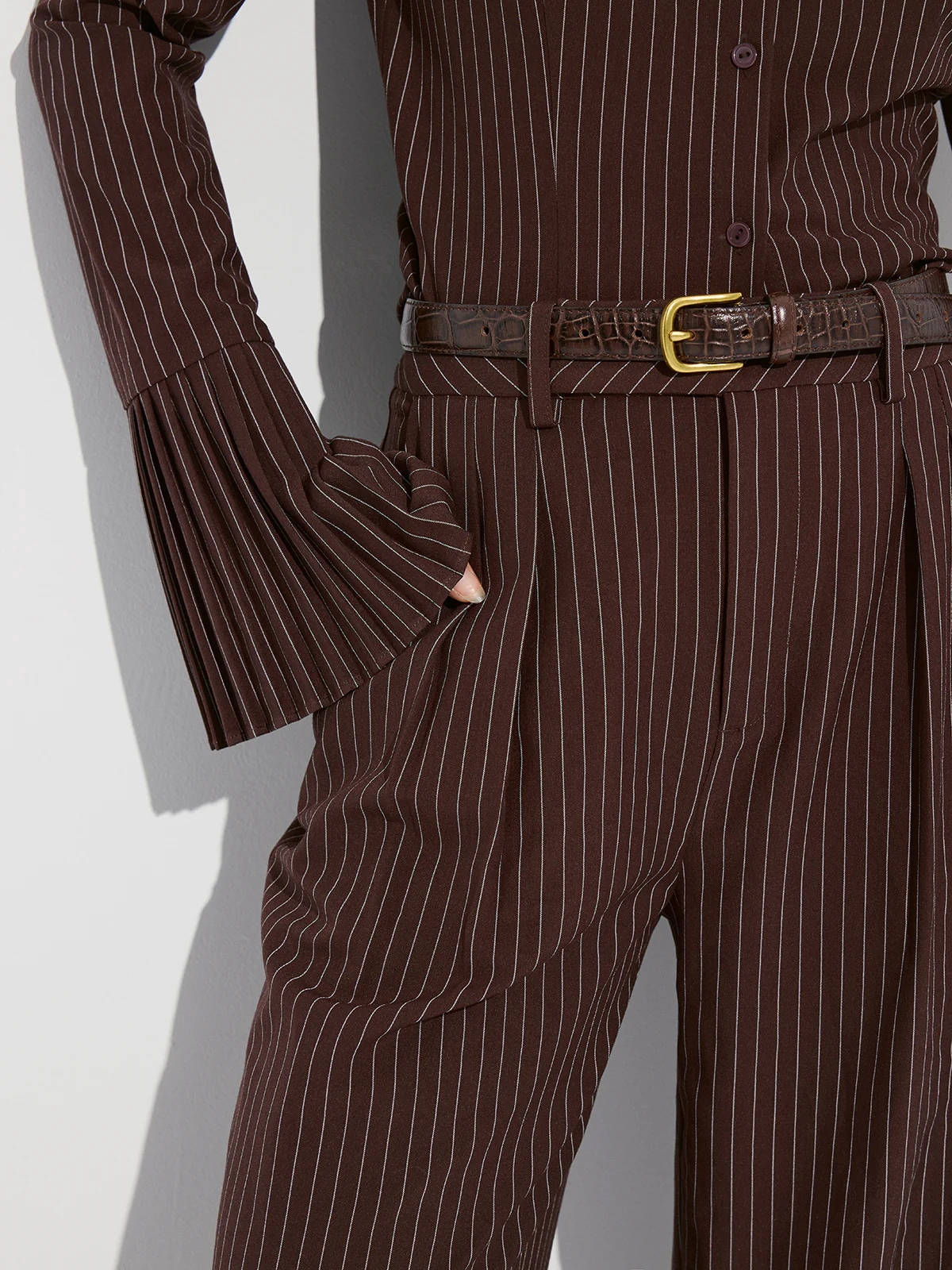 Striped Pleated Wide-Leg Pants without Belt - Image 3