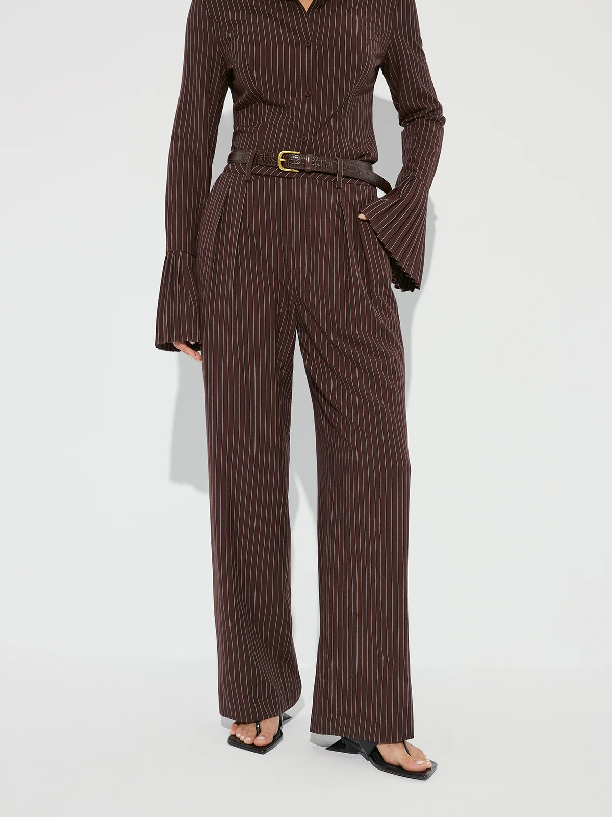 Striped Pleated Wide-Leg Pants without Belt - Image 5