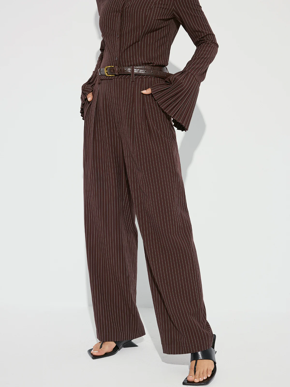 Striped Pleated Wide-Leg Pants without Belt - Image 6