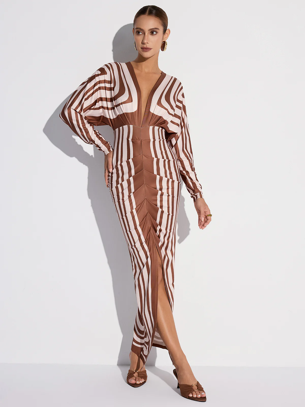 Striped Plunge Neck Slit Midi Dress without Belt - Image 2