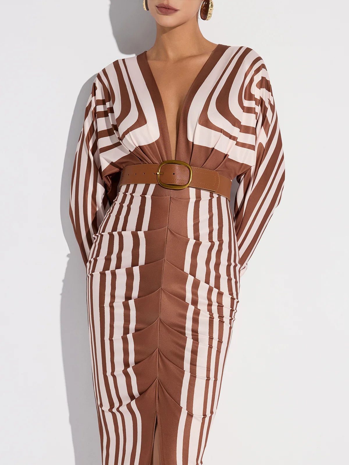 Striped Plunge Neck Slit Midi Dress without Belt - Image 3