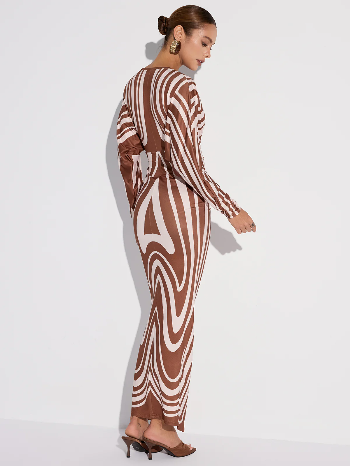 Striped Plunge Neck Slit Midi Dress without Belt - Image 6