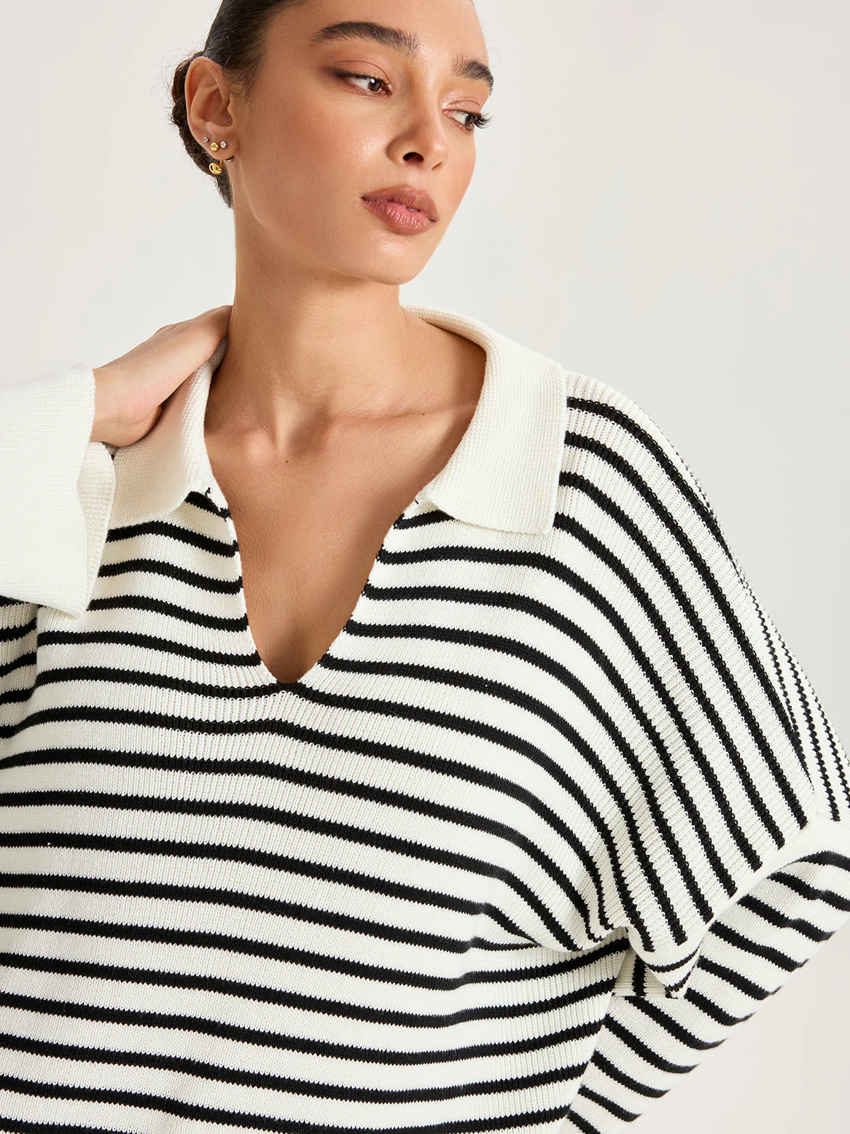 Striped Polo V-Neck Knit Top - Image 2