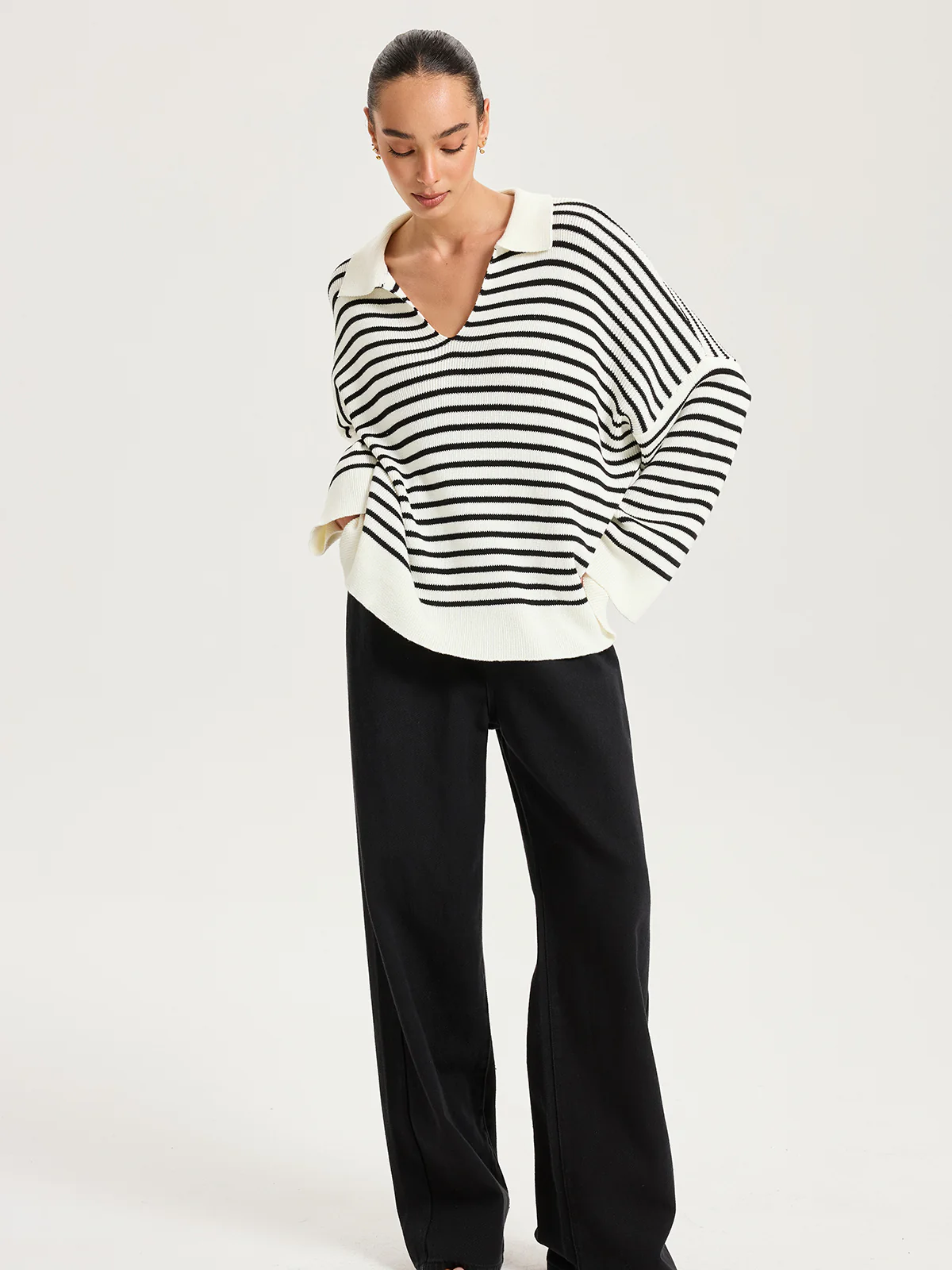 Striped Polo V-Neck Knit Top - Image 3