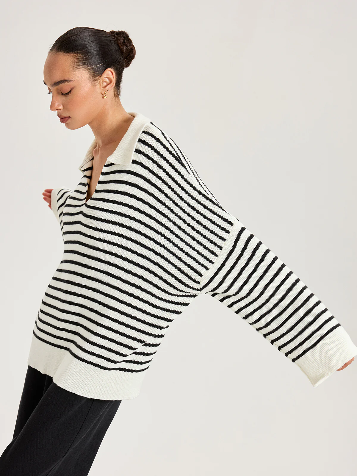 Striped Polo V-Neck Knit Top - Image 4