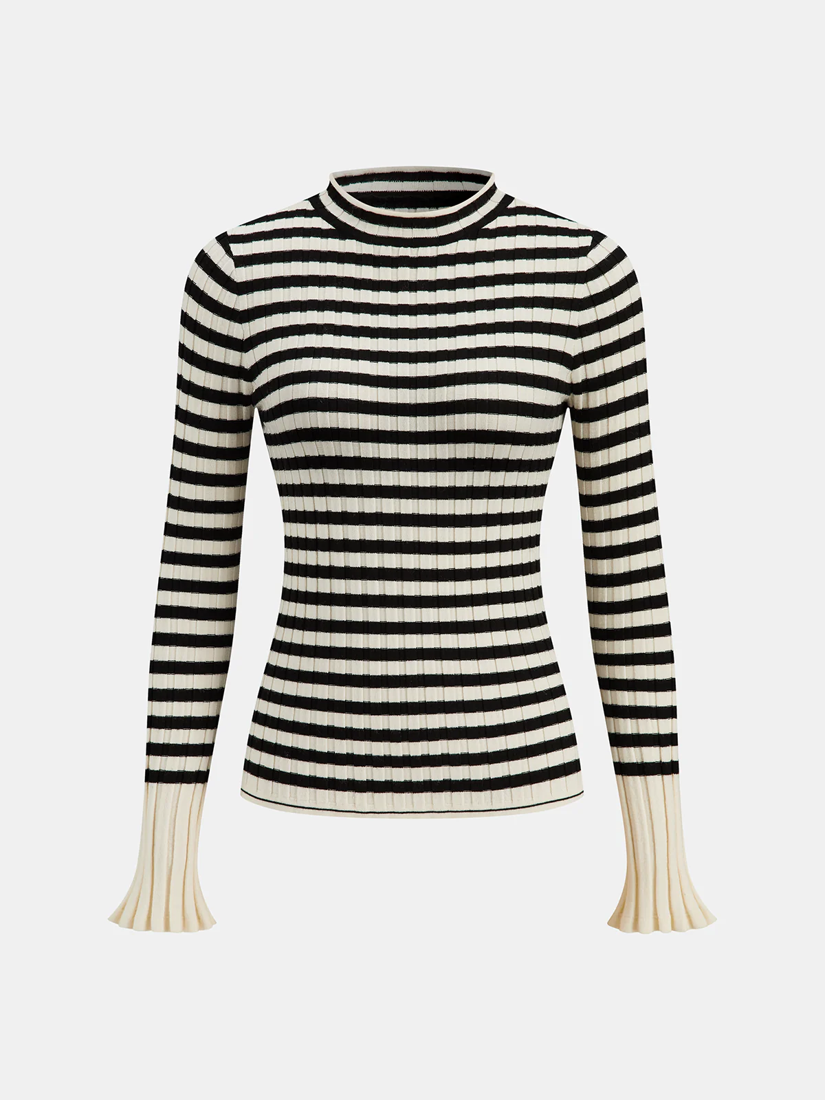 Striped Rib-Knit Flare-Cuff Sweater