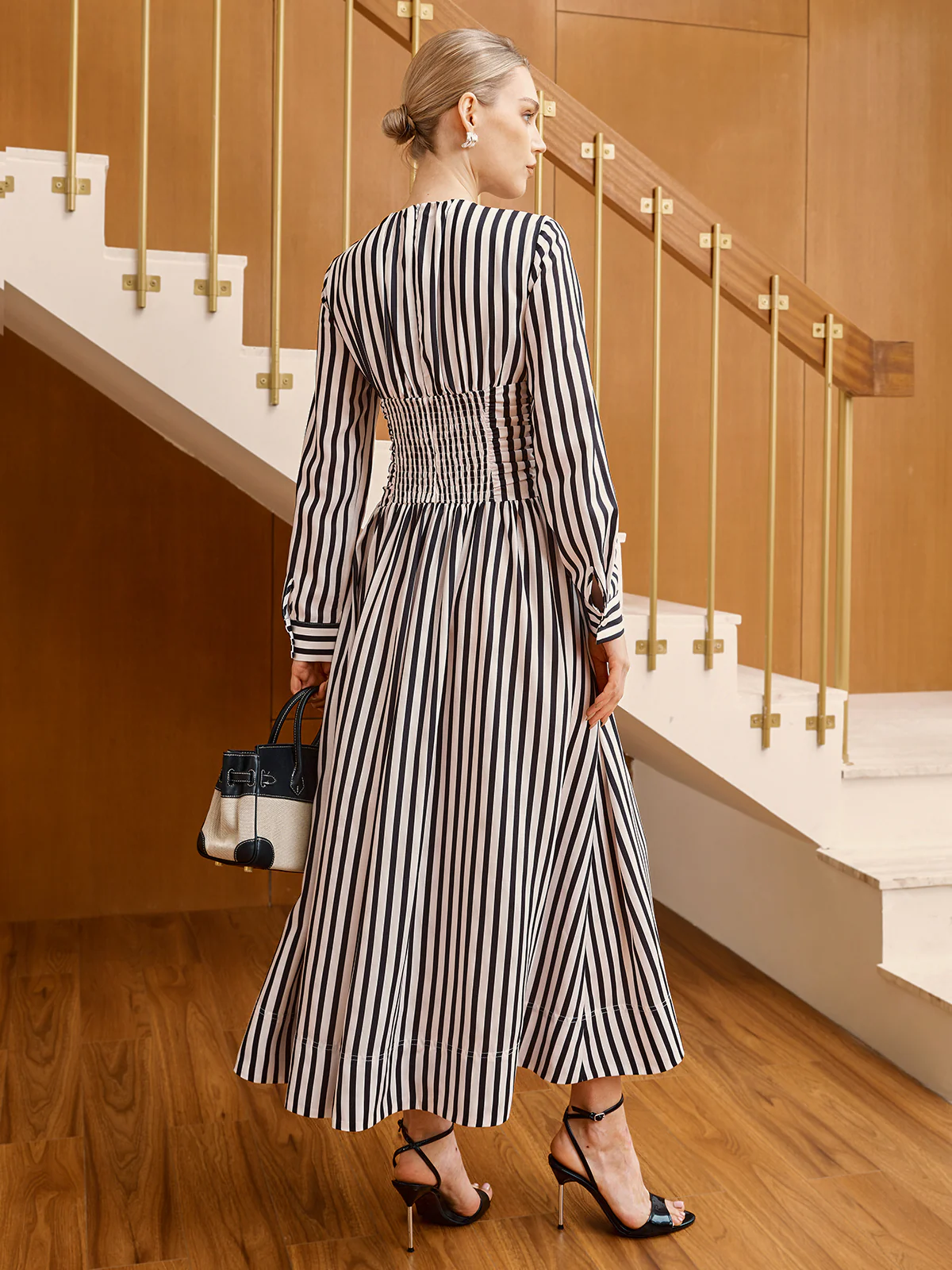 Striped Ruched Long Sleeve Maxi Dress - Image 3