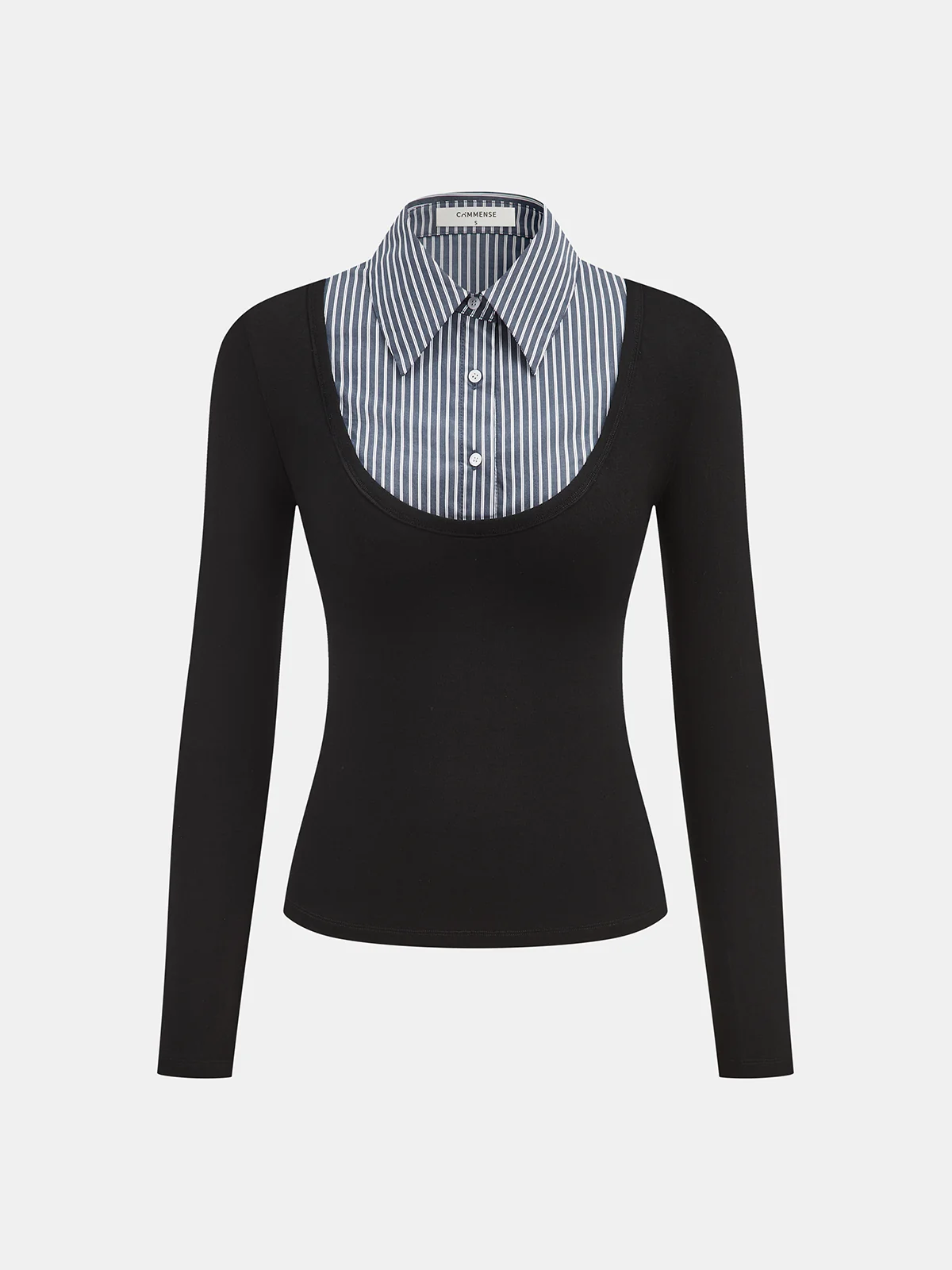 Striped Shirt Panel Long-Sleeve Knit Top