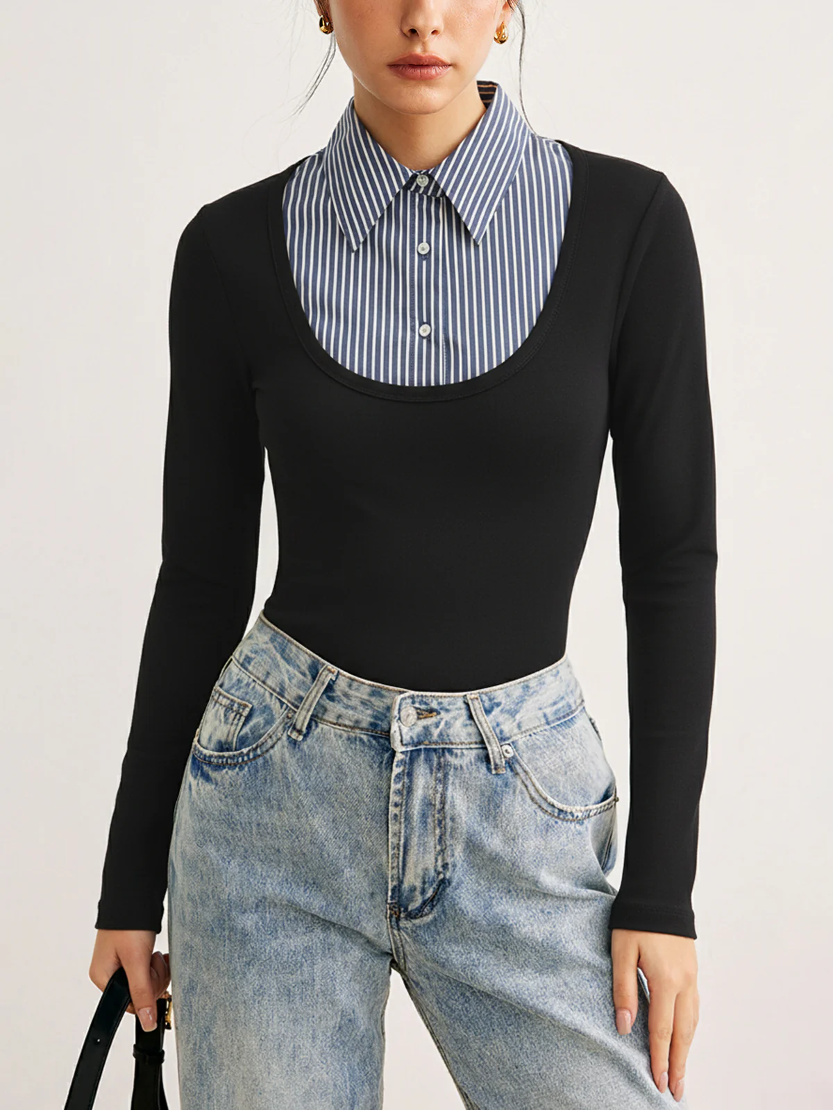 Striped Shirt Panel Long-Sleeve Knit Top - Image 2