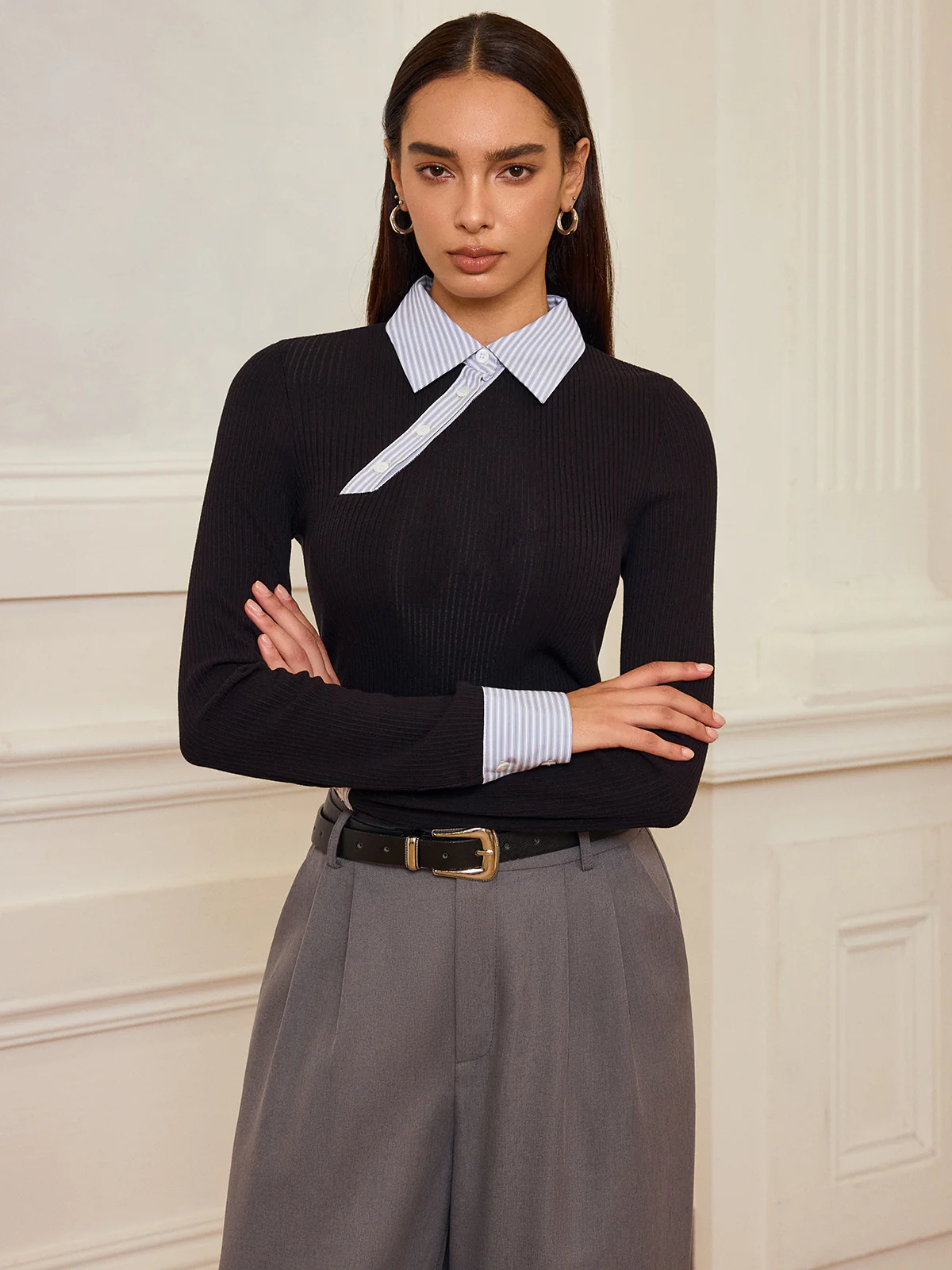 Striped Shirt Panel Ribbed Knit Top