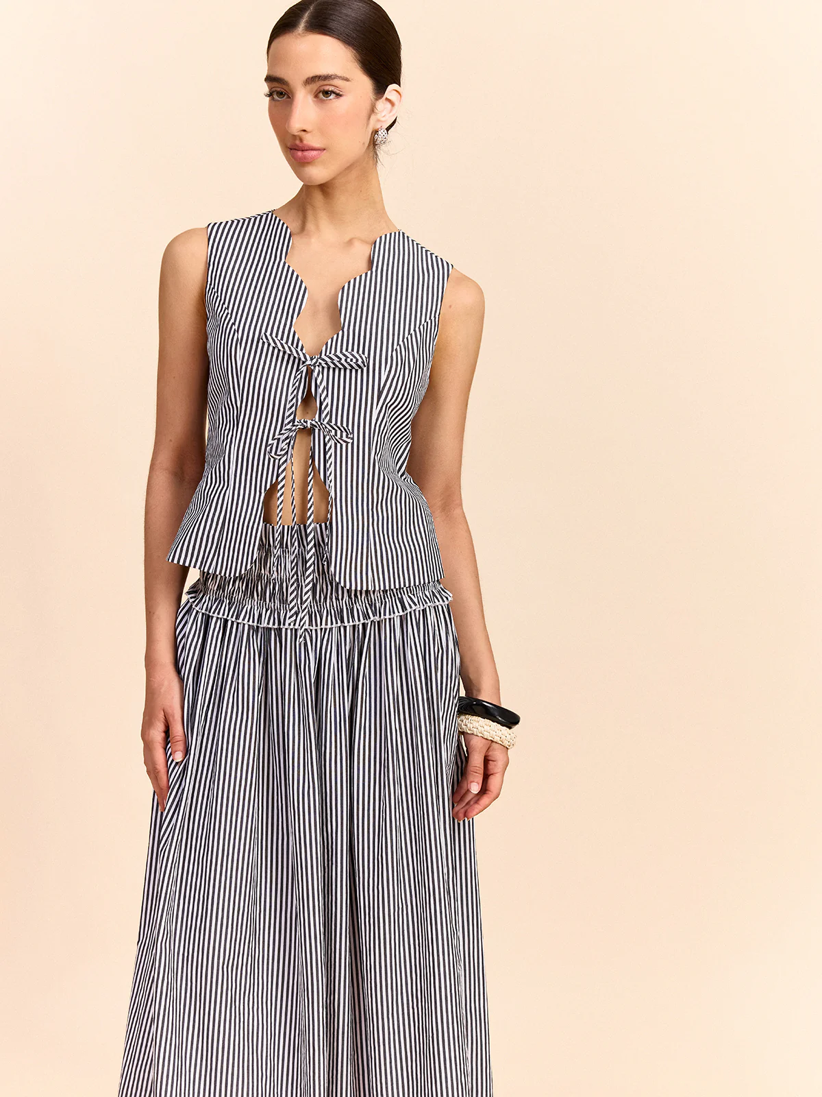 Striped Tie-Front Top and Skirt Set - Image 2