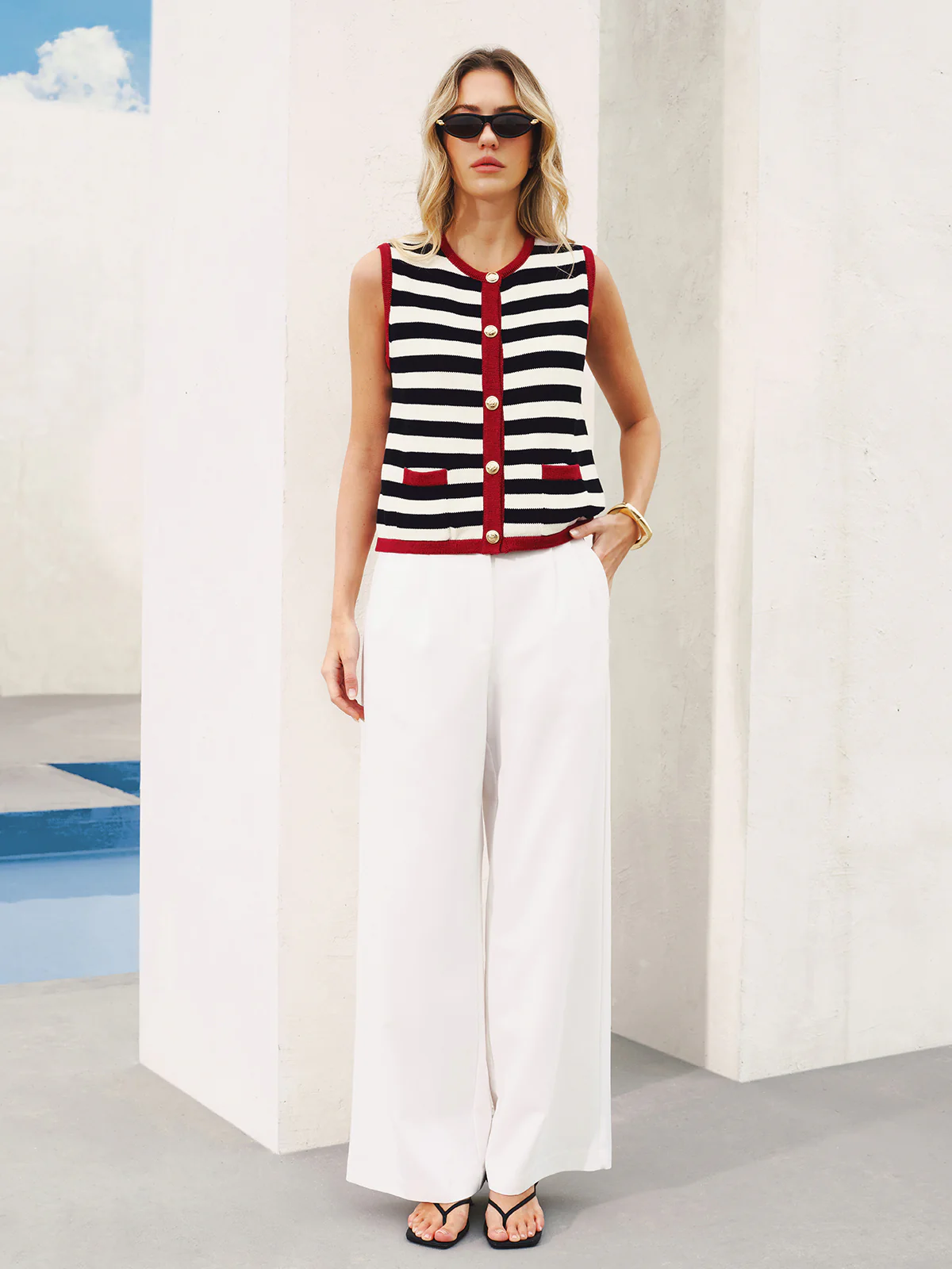 Striped Sleeveless Buttoned Sweater Vest - Image 2