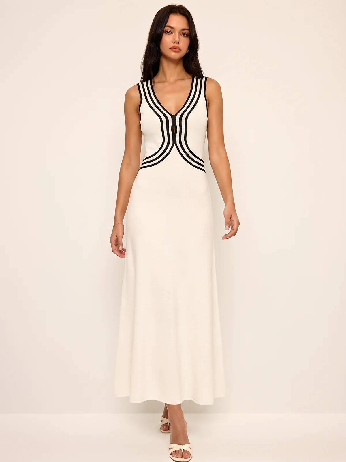 Striped Sleeveless V Neck Knit Maxi Dress