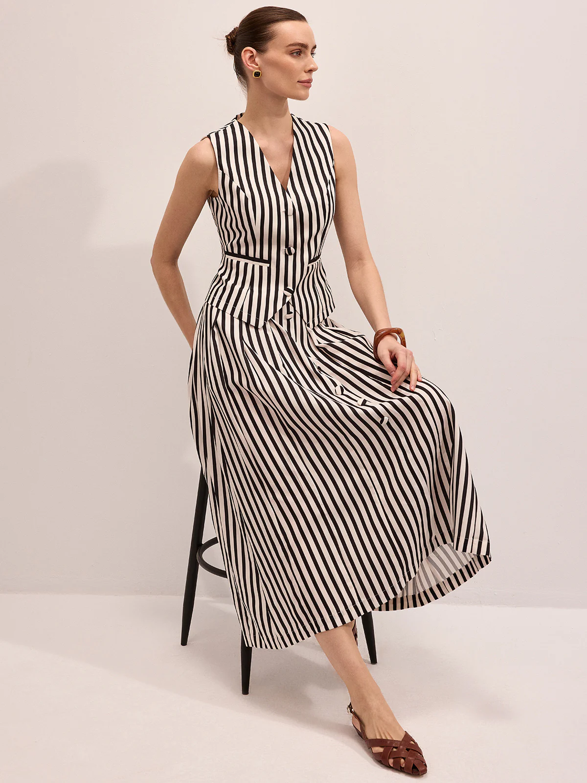 Striped Sleeveless Vest & Maxi Skirt Set - Image 2