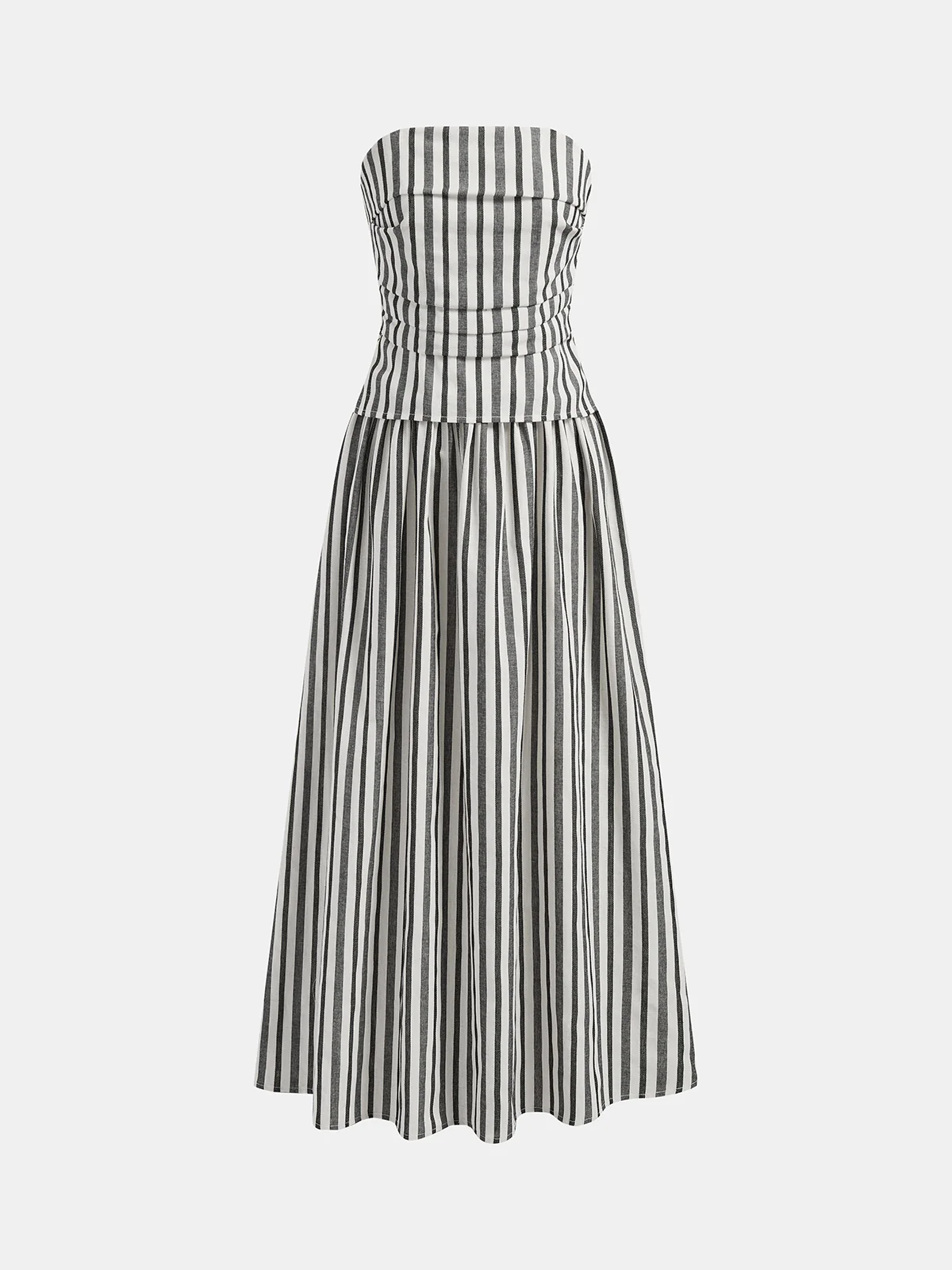 Striped Strapless Cotton Linen Ruched Dress - Image 2