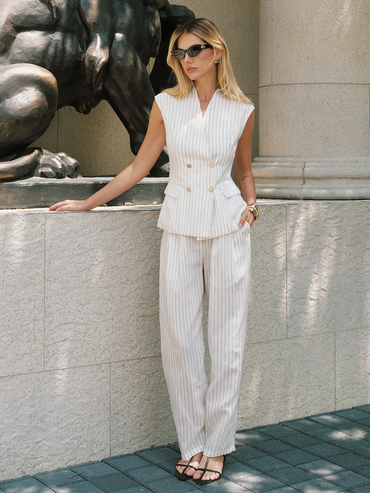 Striped Tencel Linen Blend Double-Breasted Vest - Image 3