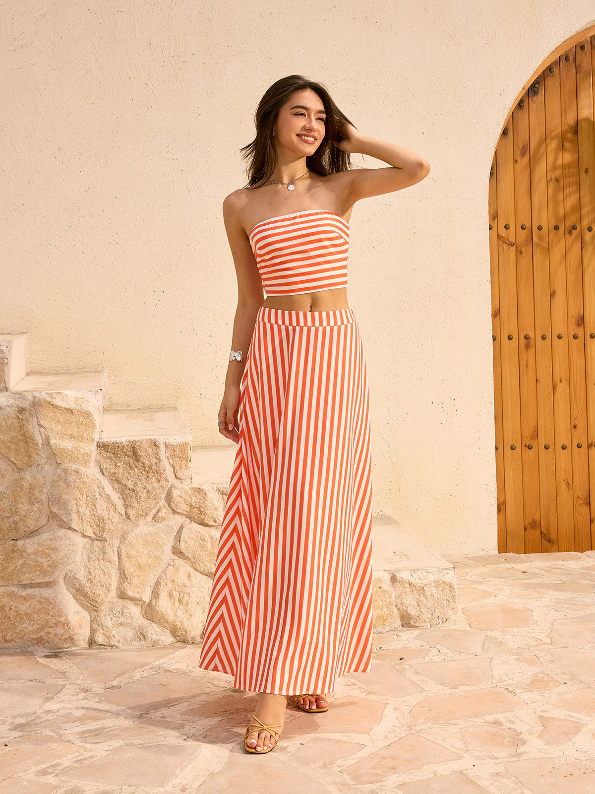 Striped Strapless Top and Maxi Skirt Set - Image 3