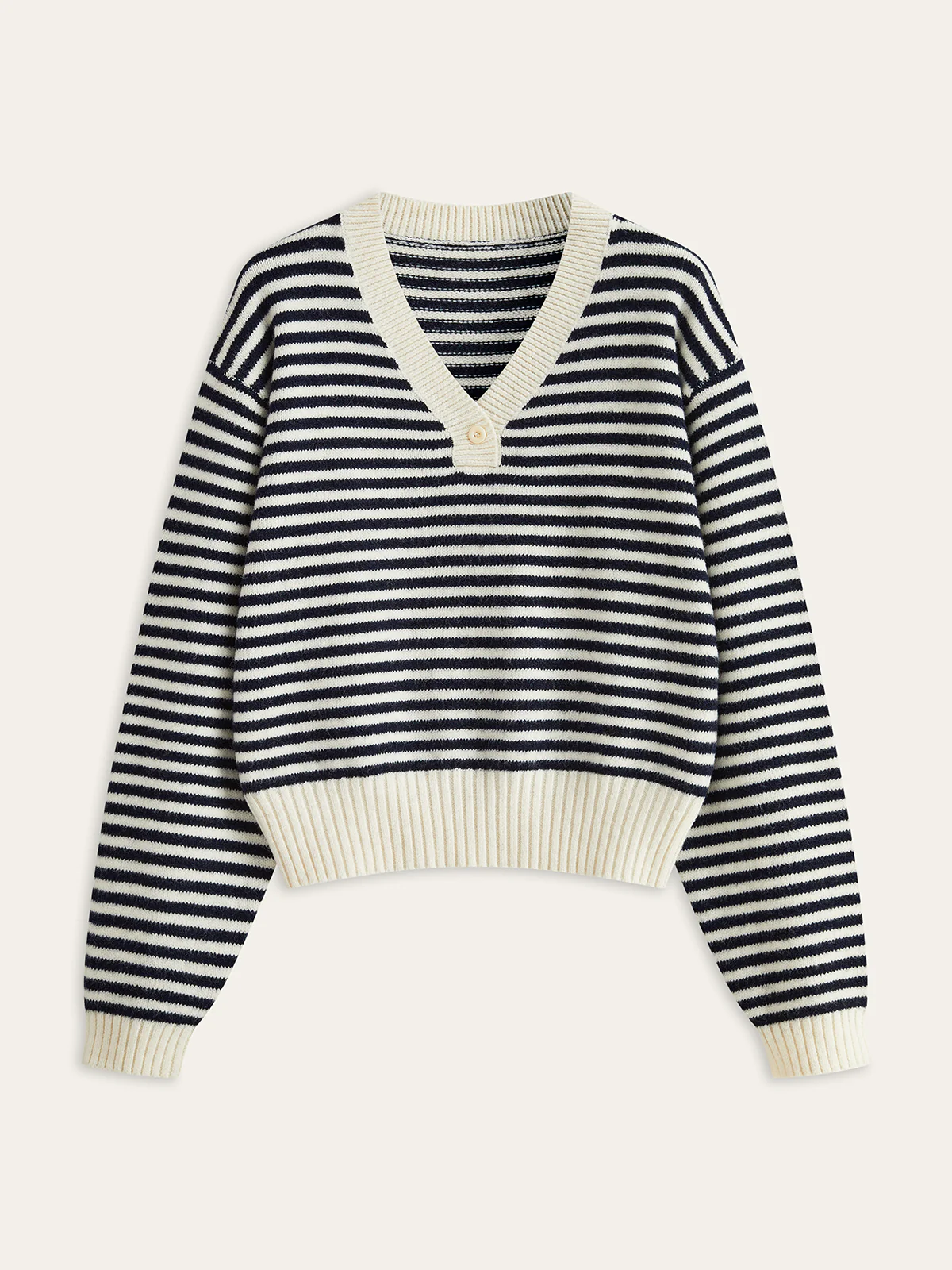 Striped V-Neck Buttoned Wool Blend Sweater - Image 2