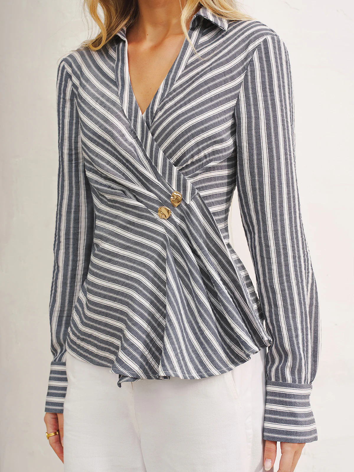Striped Wrap V-Neck Shirt - Image 2