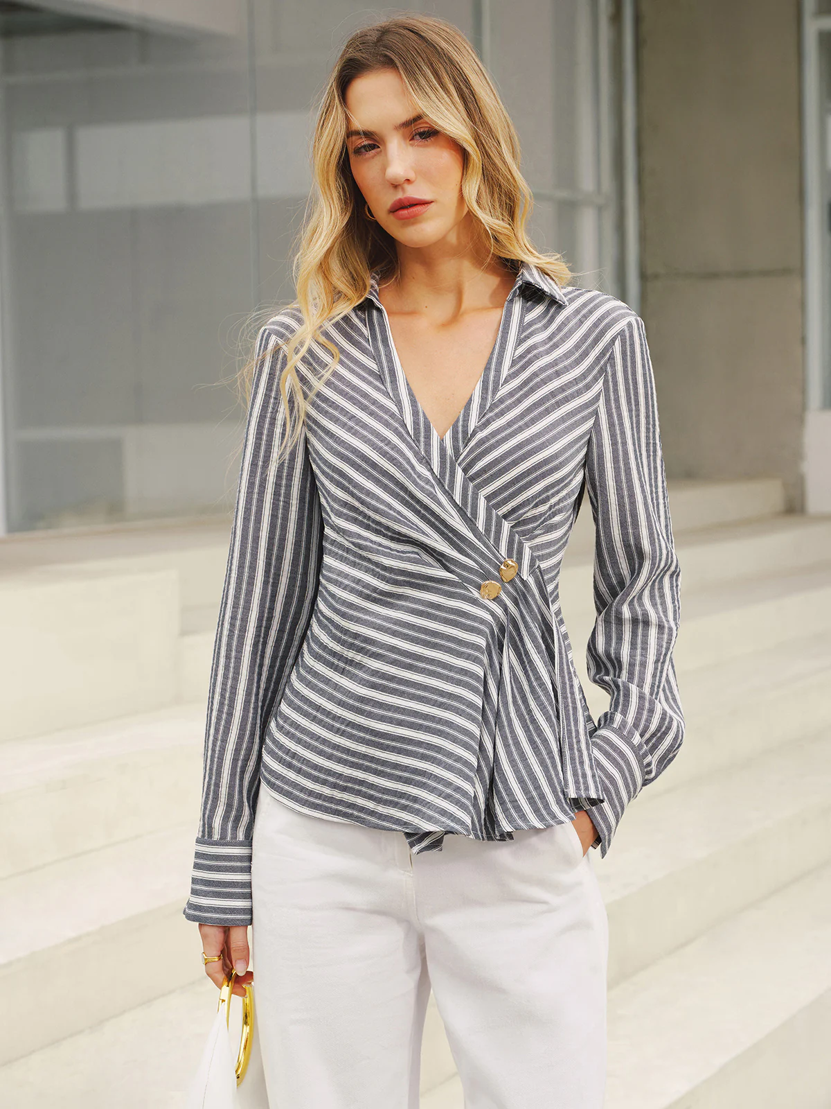 Striped Wrap V-Neck Shirt - Image 6