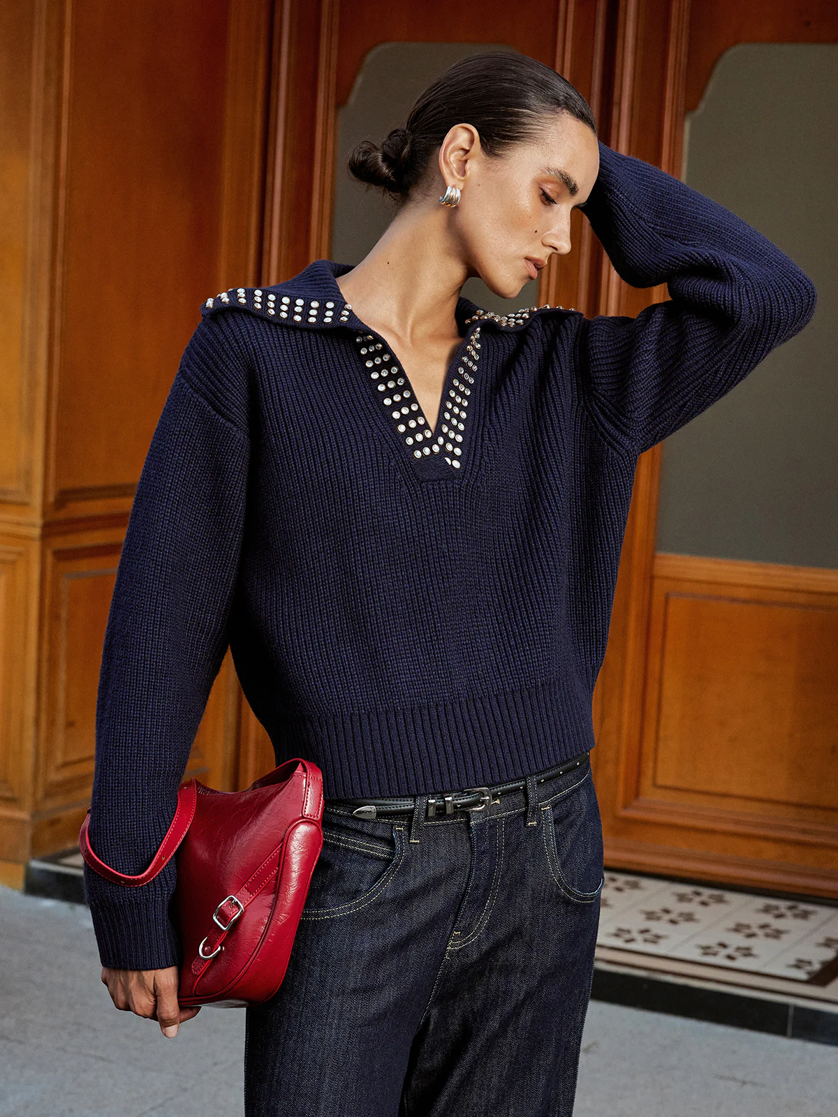 Studded Collar Wool Blend V-Neck Sweater - Image 4