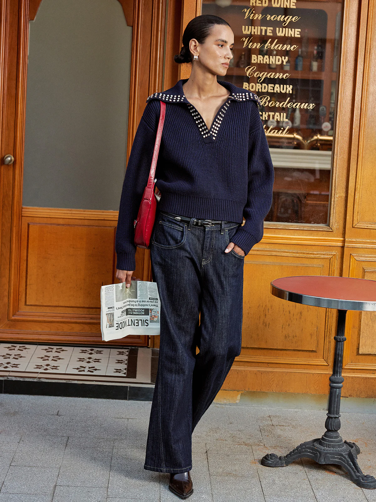 Studded Collar Wool Blend V-Neck Sweater - Image 5