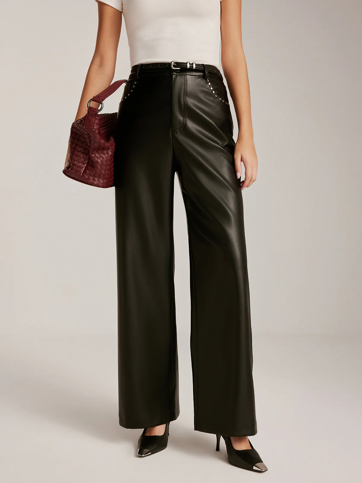Studded-Decor PU Leather Straight Pants - Image 5