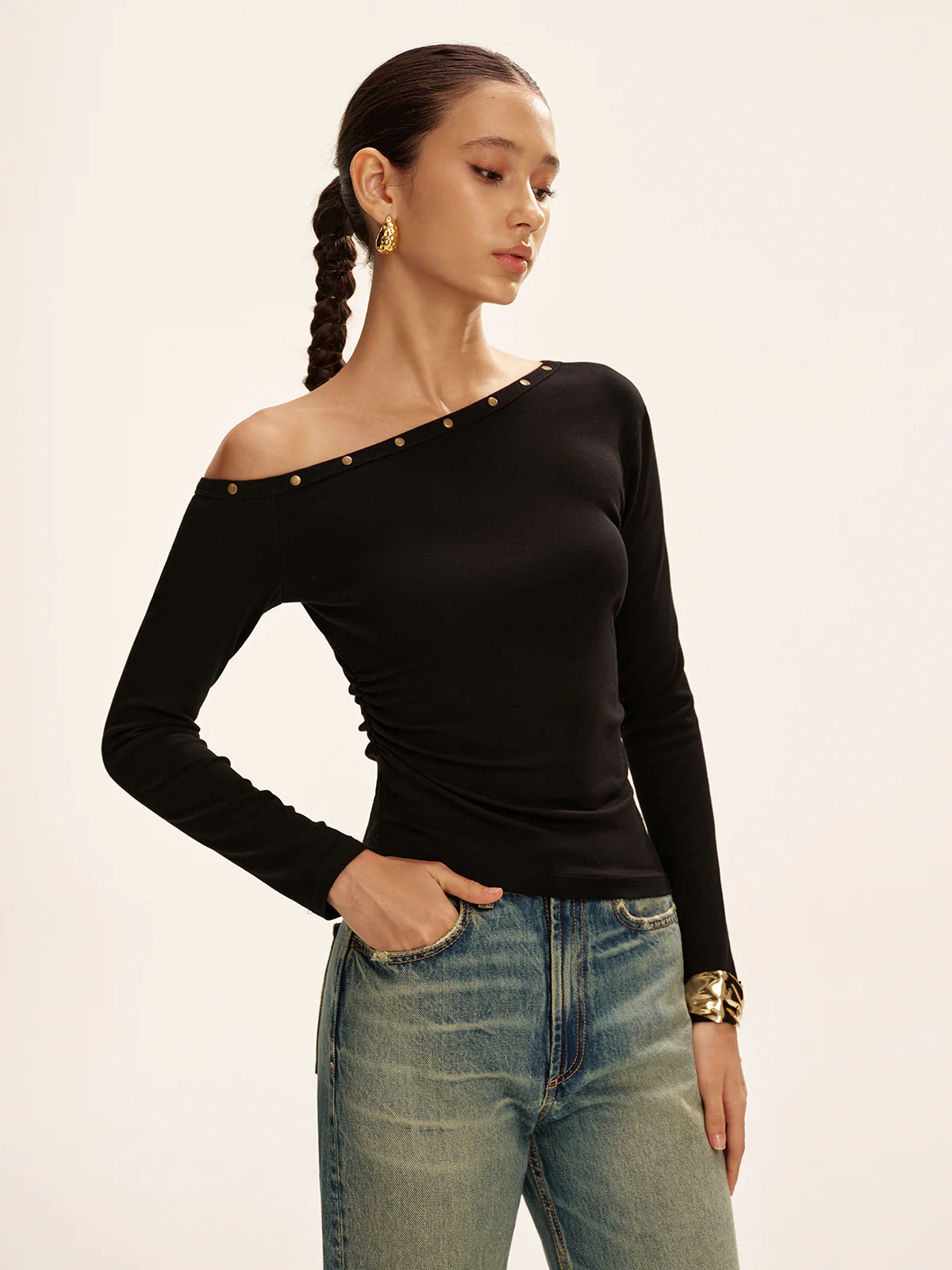 Studded Off Shoulder Long Sleeve T-Shirt - Image 3