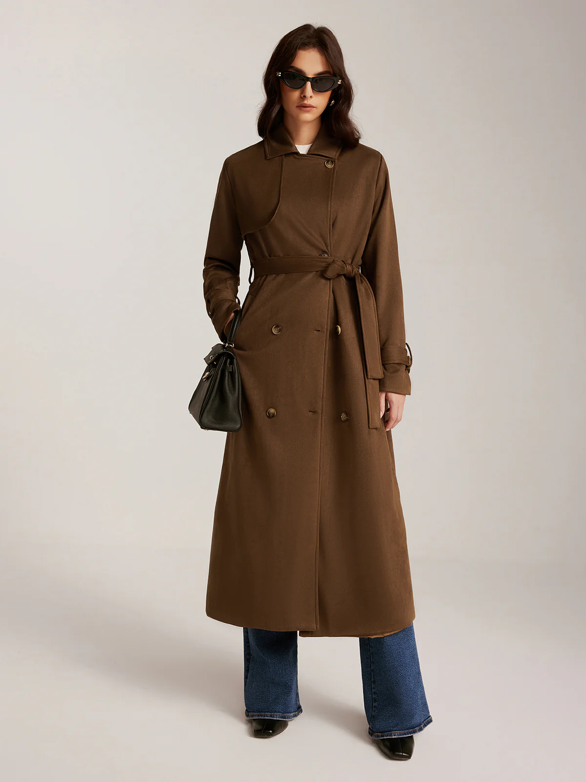 Suede Effect Belted Button Long Trench Coat - Image 2