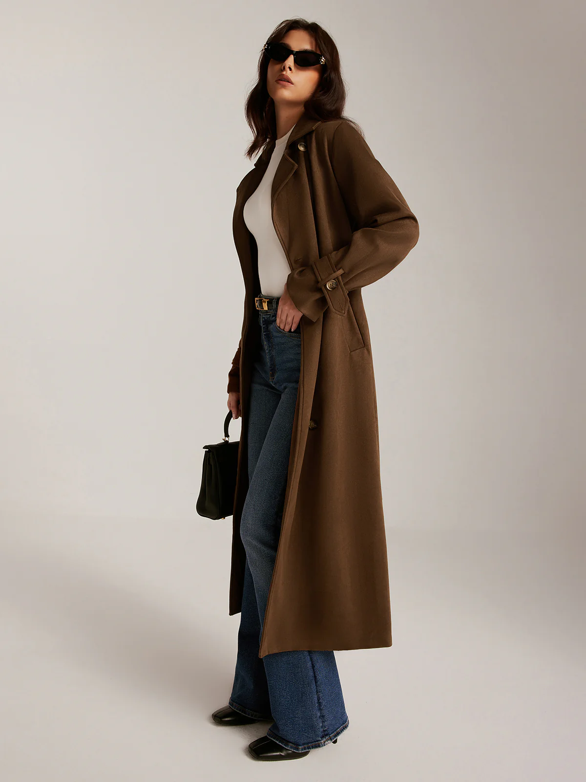 Suede Effect Belted Button Long Trench Coat - Image 4