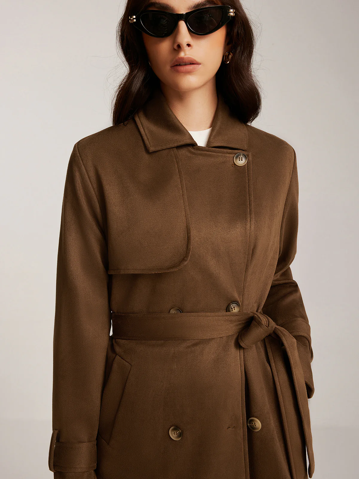 Suede Effect Belted Button Long Trench Coat - Image 5