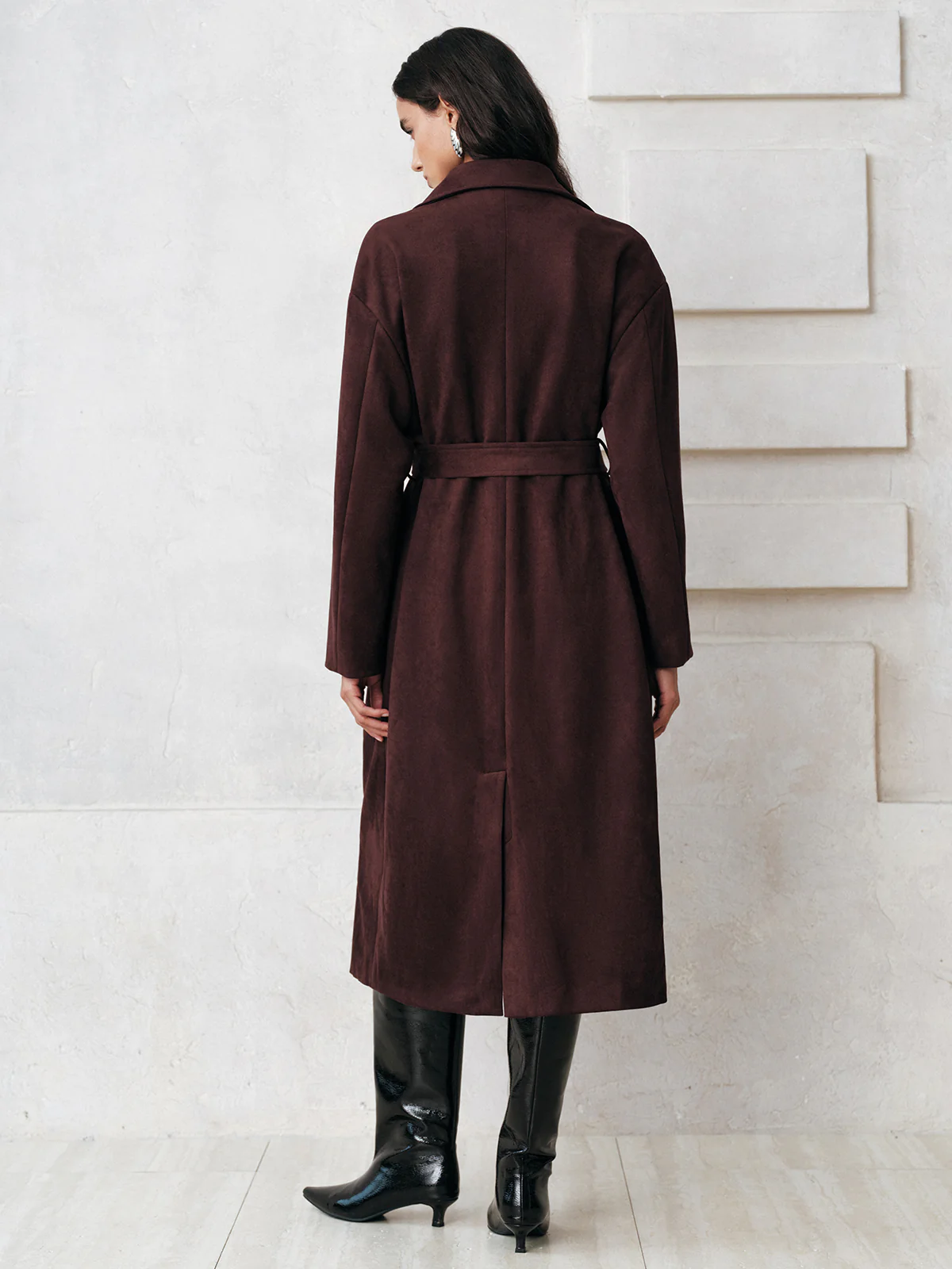 Suede Effect Belted Long Trench Coat - Image 6
